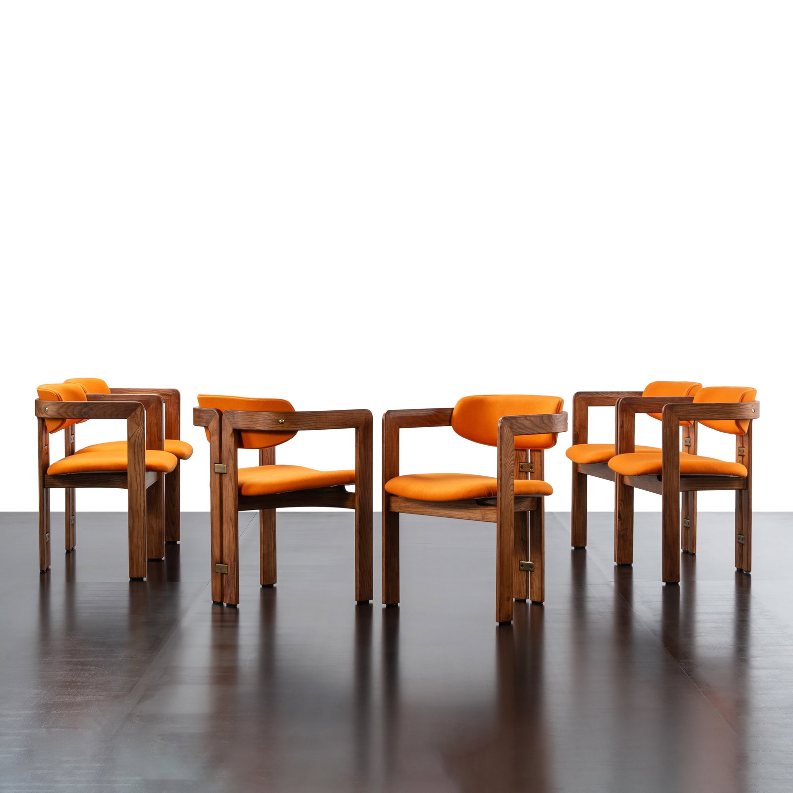 AUGUSTO SAVINI SET OF SIX PAMPLONA CHAIRS: Wood and fabric manufactured by Pozzi Italy 1960 73 x 58 x 51 cm