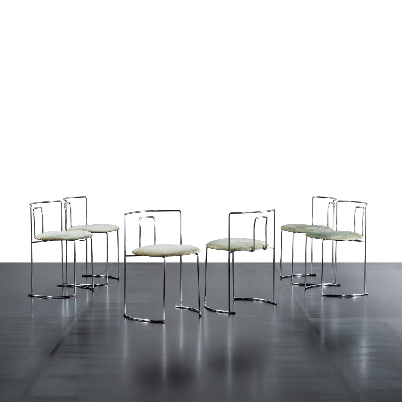 KAZUHIDE TAKAHAMA SIX \“GAJA\?? CHAIRS: Steel and fabric manufactured by Simon Gavina Italy 1970 67 x 47 x 40 cm manufacturer's mark on the back of the seat