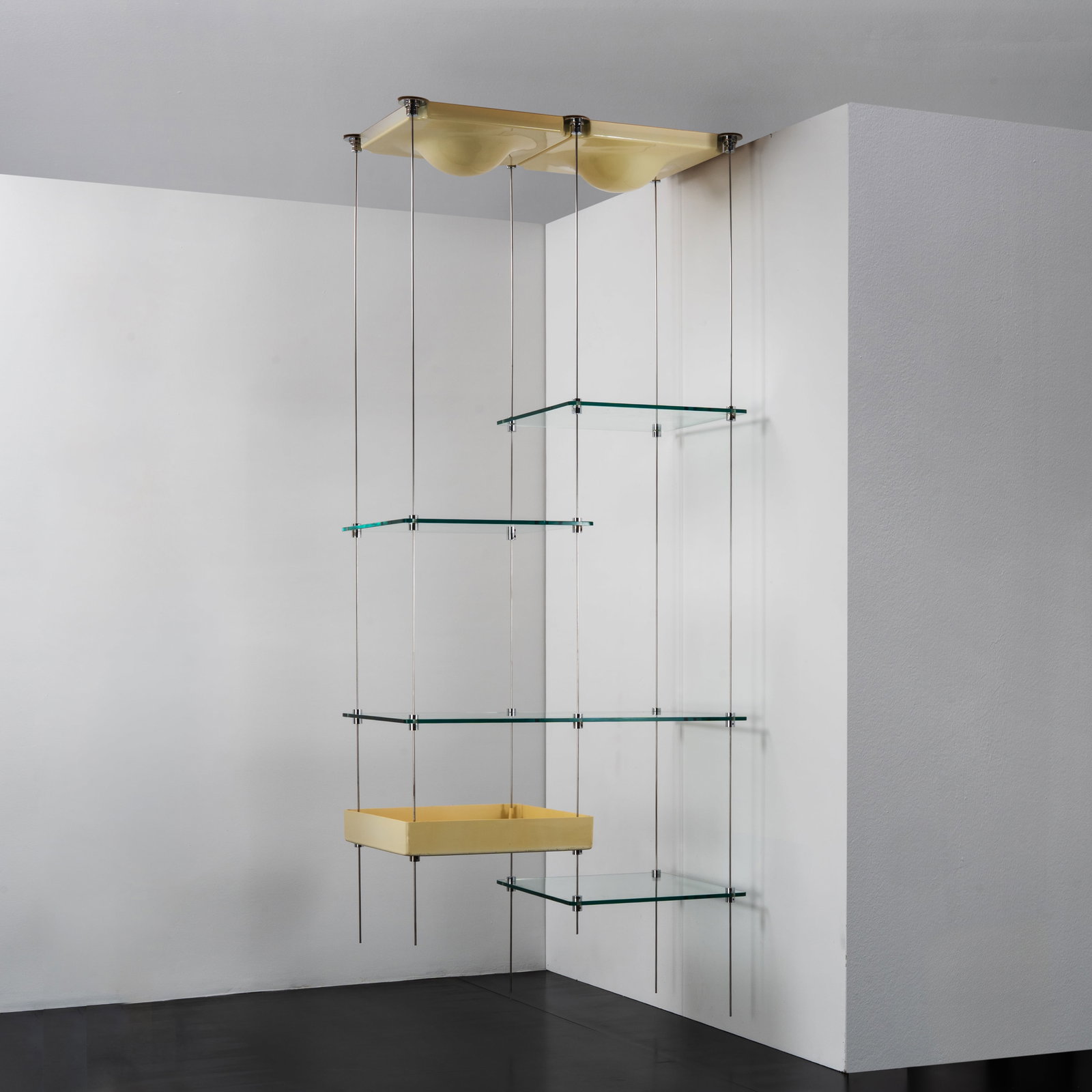 MARINO COLLECCHIA \“ESPOSI RAMLOC\?? SUSPENDED BOOKCASE: Steel glass and ABS Produced by Espò Italy 1970 272 x 112 x 60.5 cm Bibliography Domus No. 510 May 1972 pp. 88–89