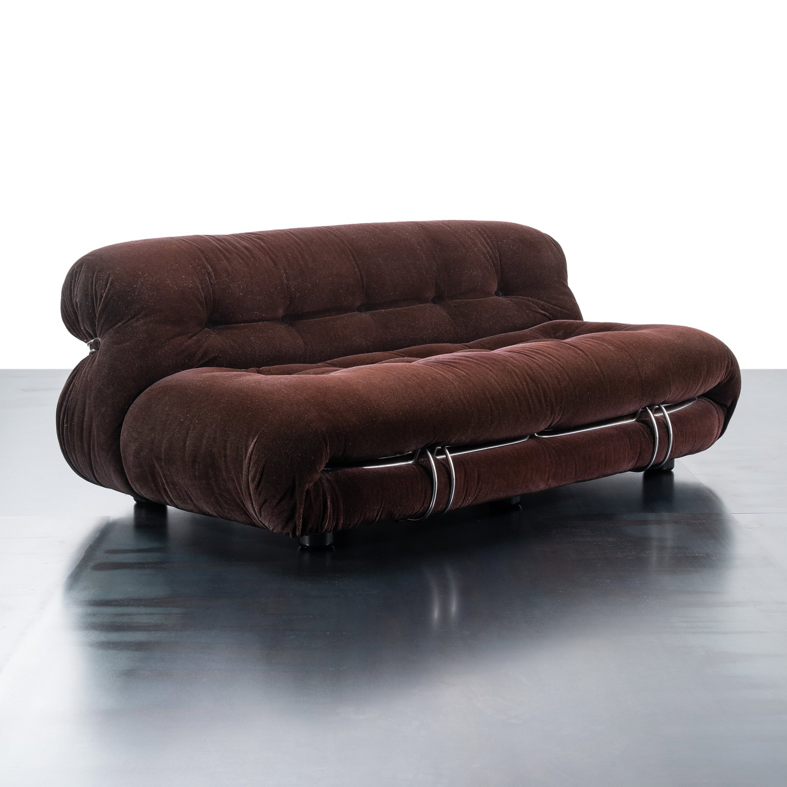 AFRA & TOBIA SCARPA \“SORIANA\?? TWO-SEATER SOFA: Chrome-plated steel fabric upholstery Manufactured by Cassina Italy 1970s Manufacturer's label 64 × 170 × 100 cm Bibliography Gramigna Repertorio del design italiano 1950–2000 per l'arredamento do
