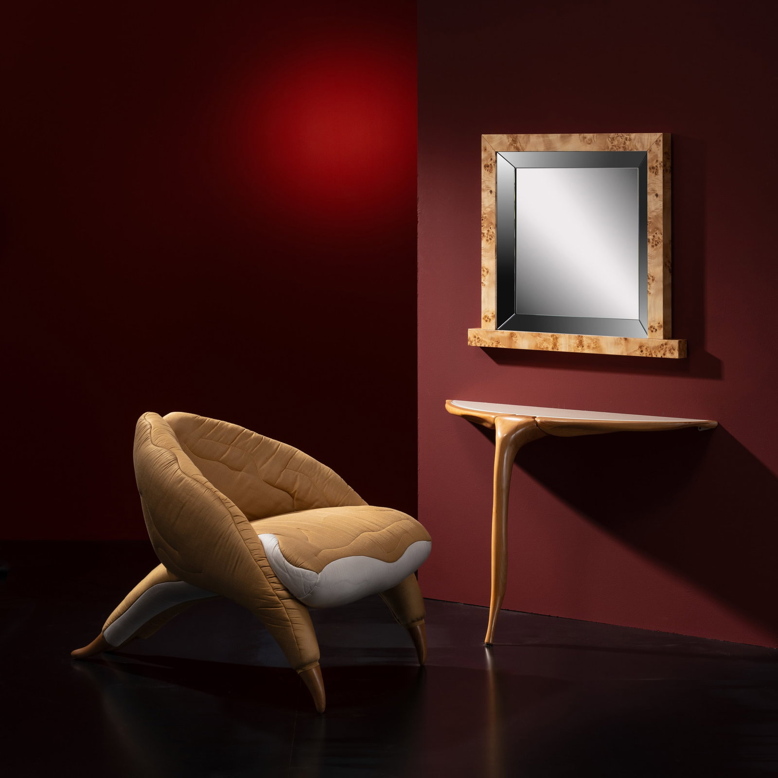 NIGEL COATES GALLA ARMCHAIR: Wood and fabric manufactured by Poltronova Italy 1990s Bibliography Poltronova design.collection catalogue p. 38