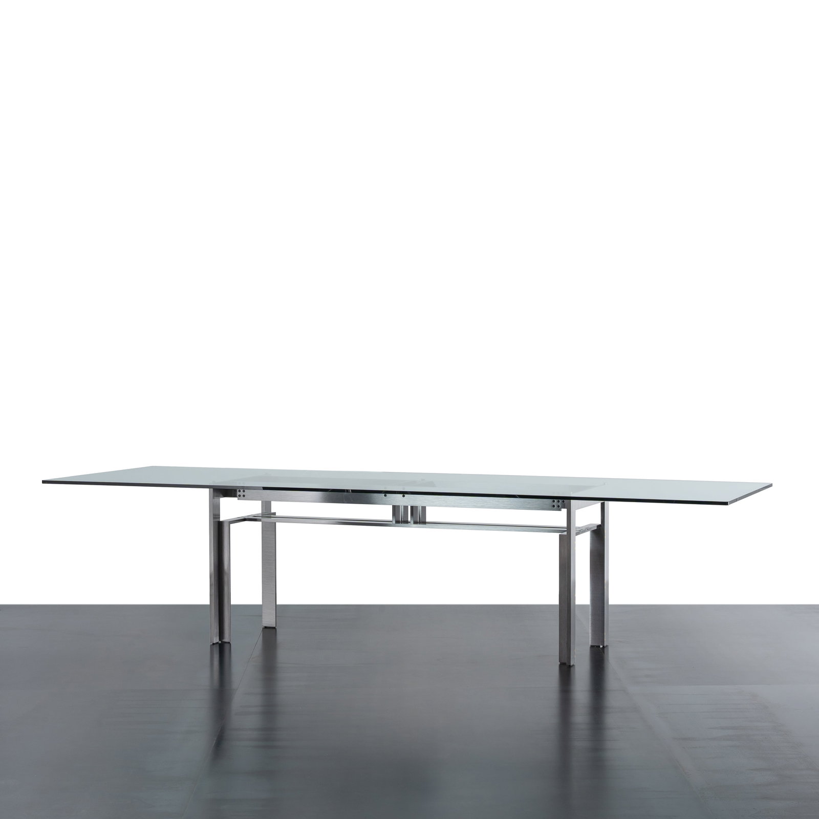 CARLO SCARPA \“DOGE\?? TABLE: Steel brass glass Manufactured by Cassina Italy designed in 1970 72 x 306 x 102 cm Bibliography Domus No. 493 December 1970 p. 34