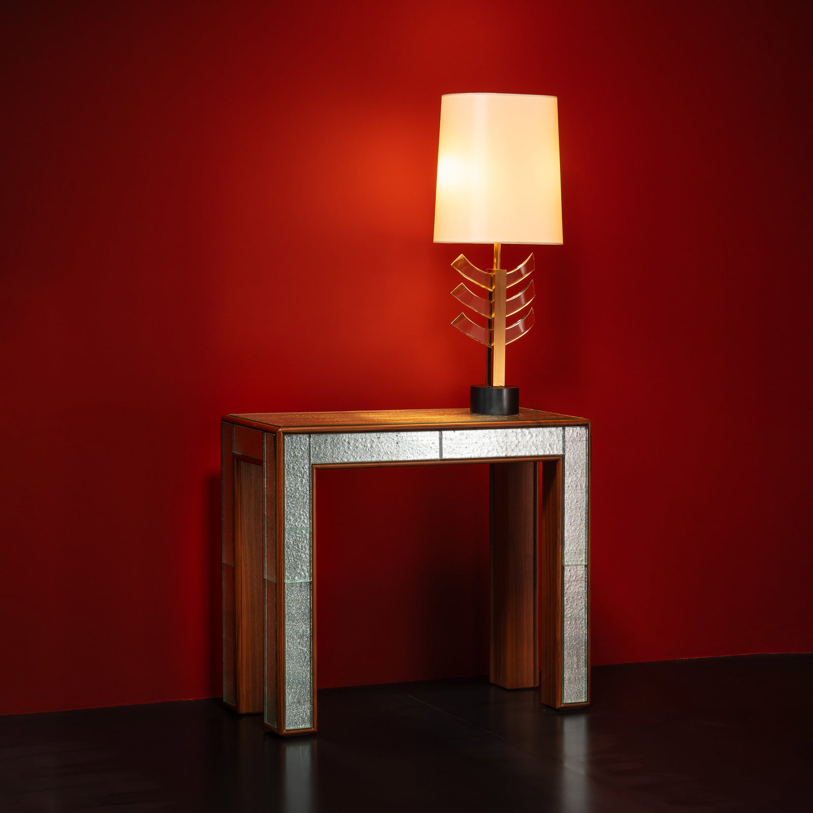 ROBERTO GIULIO RIDA CONSOLE: Wood and glass manufactured by Rida Italy 2000s 87 x 102 x 42 cm manufacturer's mark
