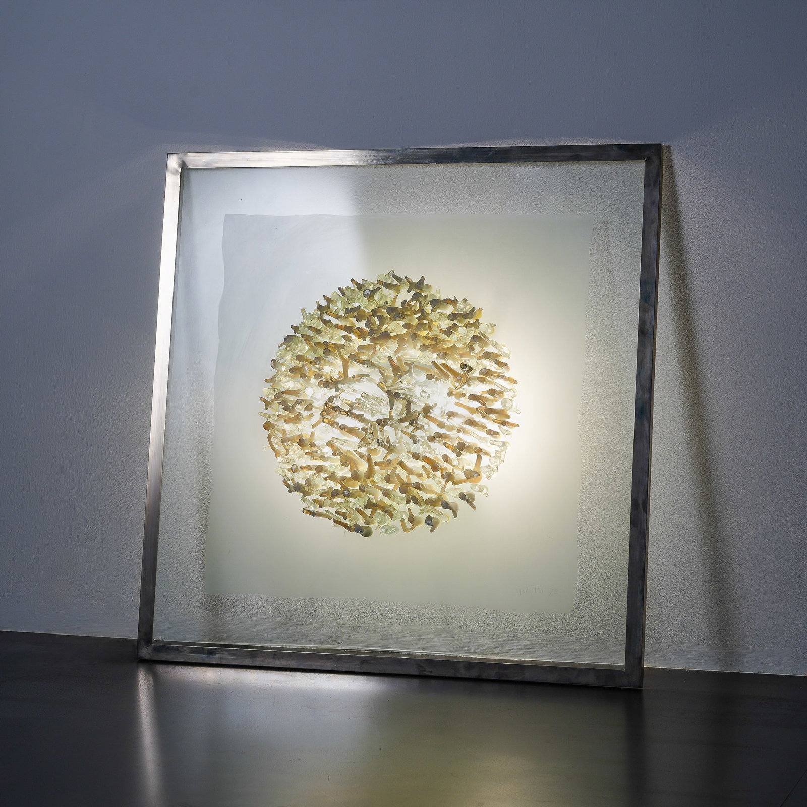 ANGELO BROTTO ILLUMINATED SCULPTURAL PANEL FROM THE \“QUASARS\?? SERIES 'MATTINO D'INVERNO': Steel and Murano glass manufactured by Esperia Italy designed in 1969 80.5 x 80.5 cm signed lower right