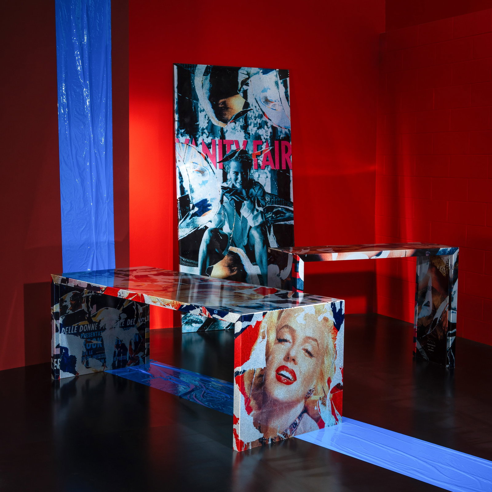 MIMMO ROTELLA AND MARCO FERRERI 'DECOLLAGE' SERIES CONSOLE TABLE: Galvanised sheet metal produced by Zero Disegno Italy 2004 90 5 x 135 5 x 45 cm limited edition of 99 copies signed 'Rotella Marco Ferreri 02/99 Cruz Zero Disegno'