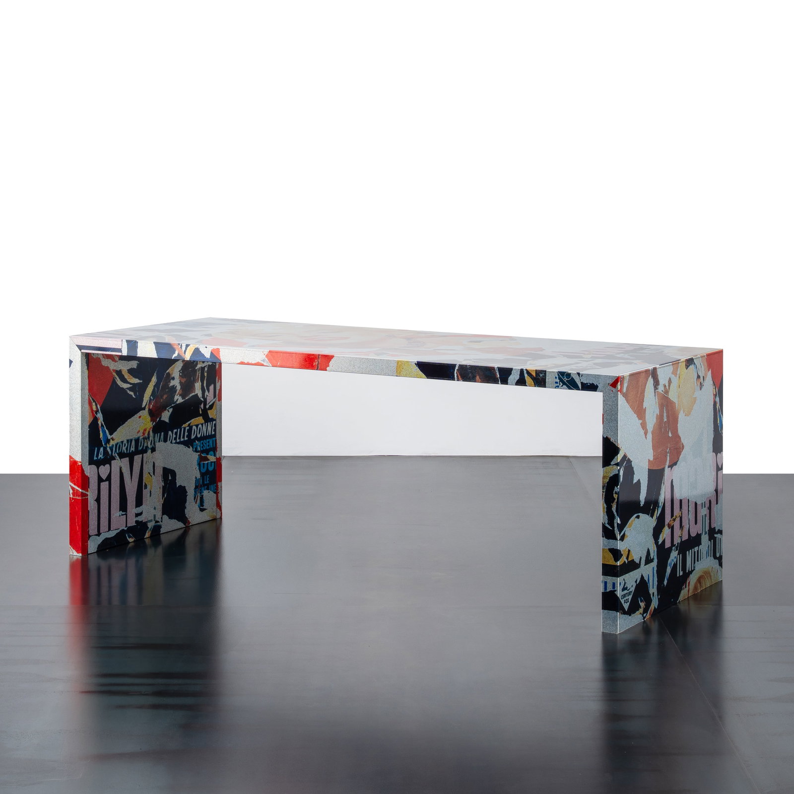 MIMMO ROTELLA AND MARCO FERRERI \“DECOLLAGE\?? SERIES TABLE: Galvanised sheet metal produced by Zero Disegno Italy 2004 73 x 205 x 80 cm limited edition of 99 pieces signed 'Rotella Marco Ferreri 34/99 Marilyn Zero Disegno'