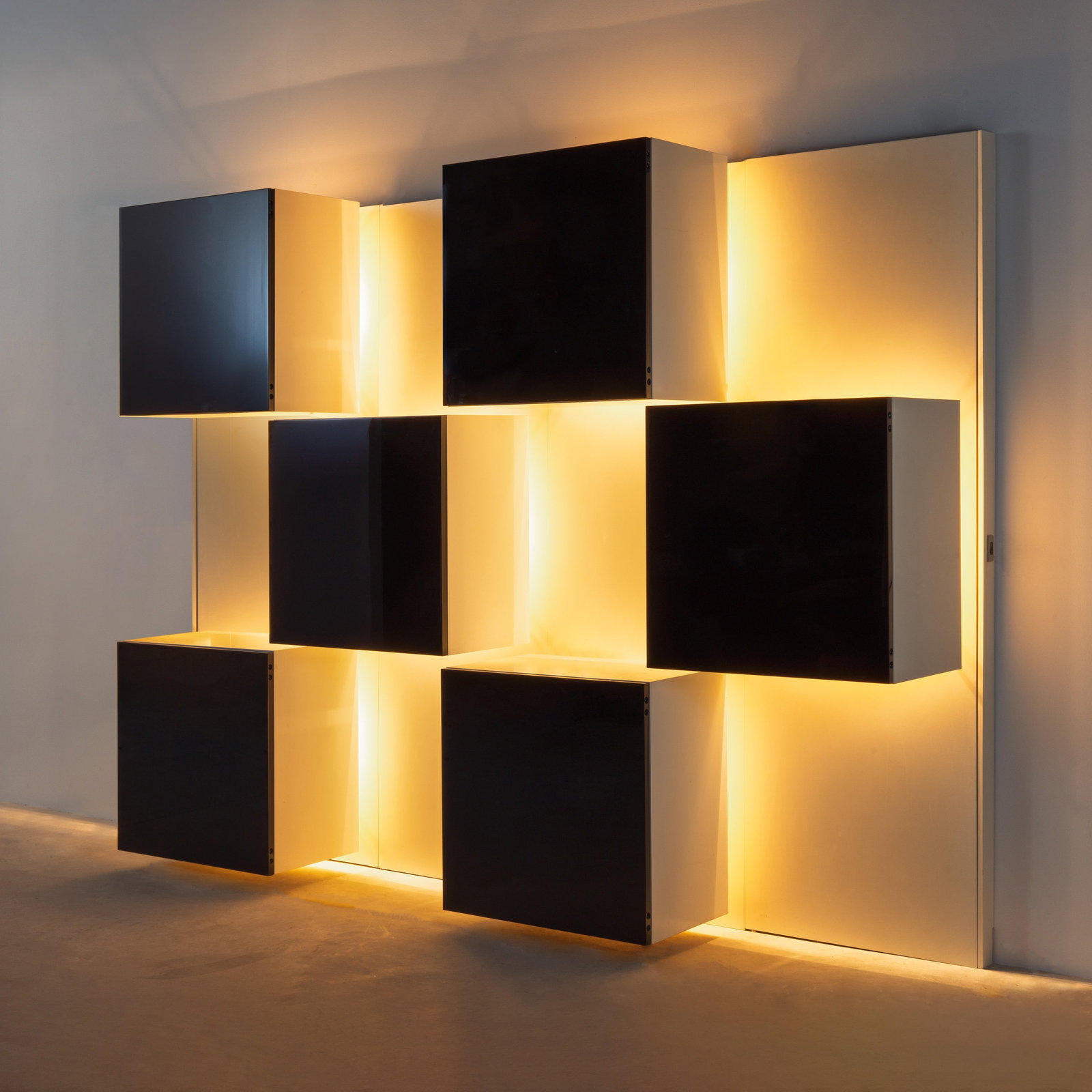 ROBERTO MONSANI \“LIFE\?? BACKLIT BOOKCASE: Lacquered wood plexiglass uprights interior with glass shelves drawers in laminate and lacquered metal comprising six compartments including a chest of drawers and a drinks cabinet manufactured by Ace