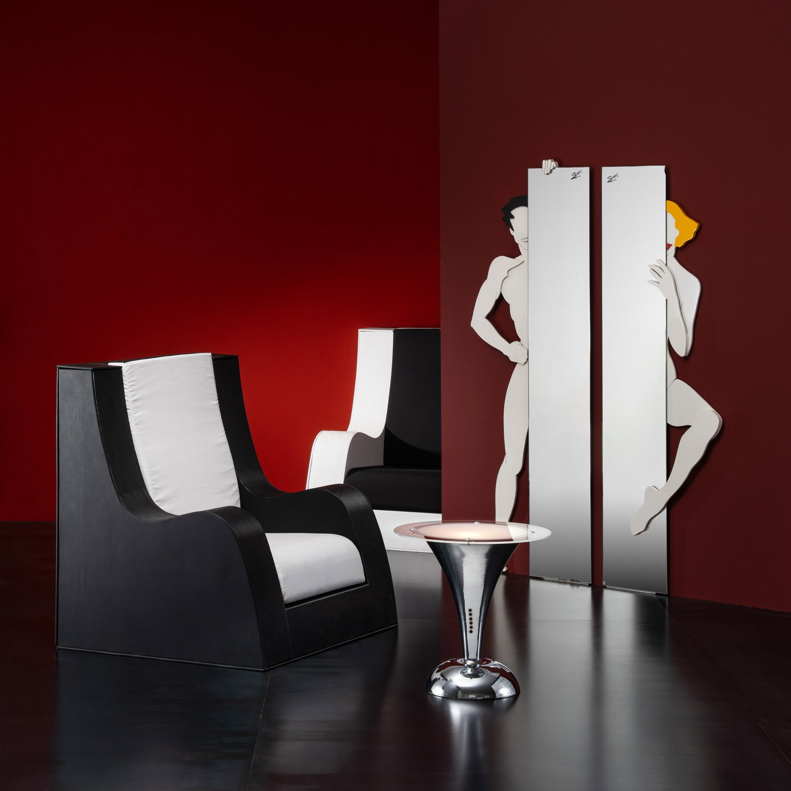 ANONYMOUS PAIR OF LIGHTED COFFEE TABLES: Steel and glass 51.5 x 51 cm diameter
