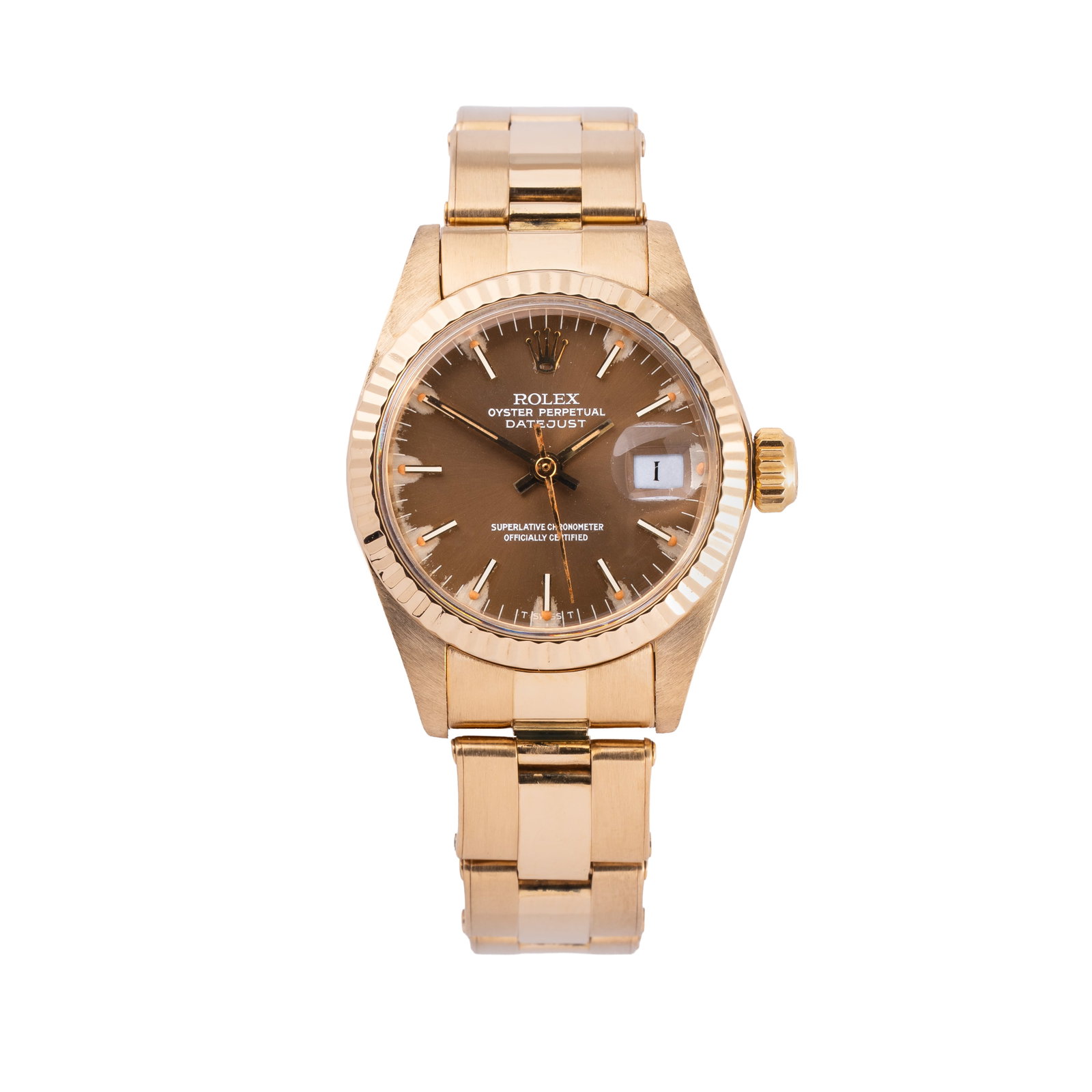 ROLEX – DATEJUST AUTOMATIC WRISTWATCH IN 18K YELLOW GOLD WITH ROLEX RIVET BRACELET IN 18K YELLOW: Brand: Rolex Model: Datejust Year: 1981 Reference: 6917 Dial: Brown Case No.: 6618XXX Movement: Automatic Caliber: Rolex 2030 Material: 18K yellow gold Bracelet/Strap: 18K yellow gold Size: 26 mm Note