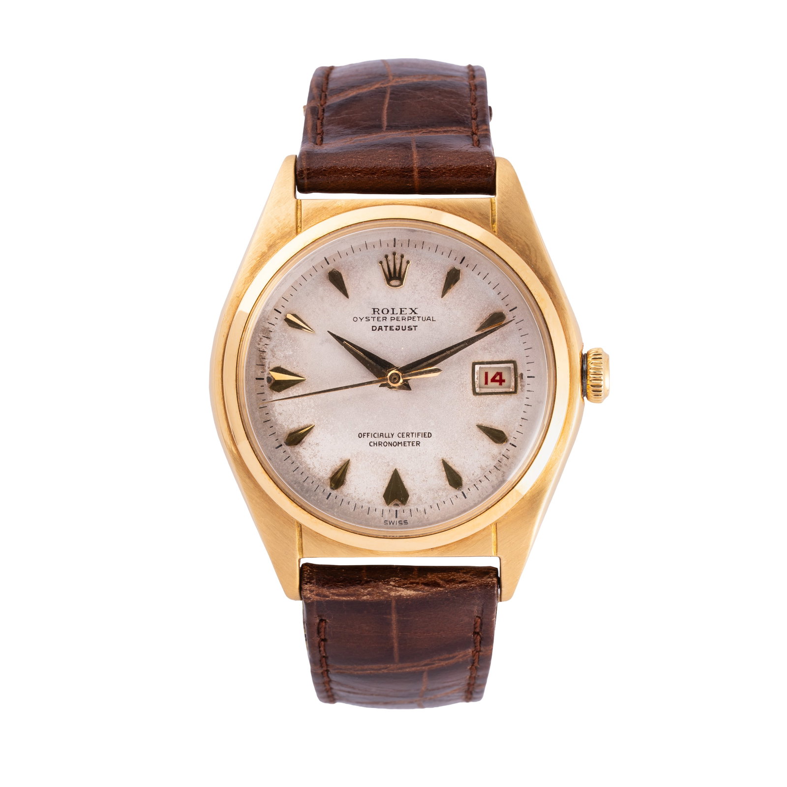 ROLEX – OVETTONE AUTOMATIC WRISTWATCH IN 18K YELLOW GOLD WITH WHITE DIAL AND ROULETTE DATE DISPLAY: Brand: Rolex Model: Ovettone Year: 1961 Reference: 5030 Dial: White Case No.: 648XXX Movement: Automatic Caliber: Rolex Material: 18K yellow gold Bracelet/Strap: Leather Size: 36 mm Notes: Automatic w