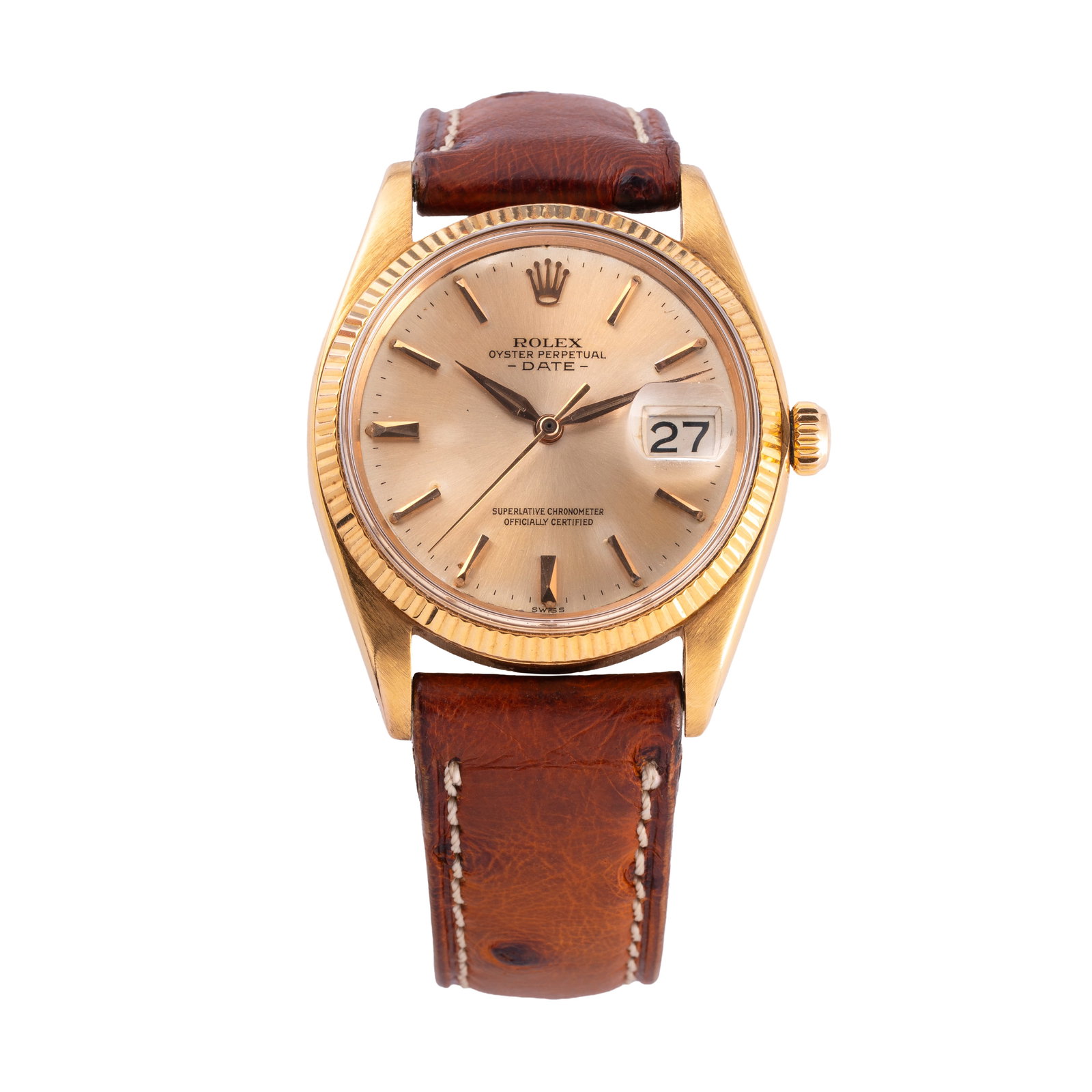 ROLEX – OYSTER PERPETUAL DATE AUTOMATIC WRISTWATCH IN 18K YELLOW GOLD WITH TROPICAL DIAL DATE: Brand: Rolex Model: Oyster Perpetual Date Year: 1962 Reference: 1503 Dial: Tropical Case No.: 903XXX Movement: Automatic Caliber: Rolex 1560 Material: 18kt yellow gold Bracelet/Strap: Leather Size: 34