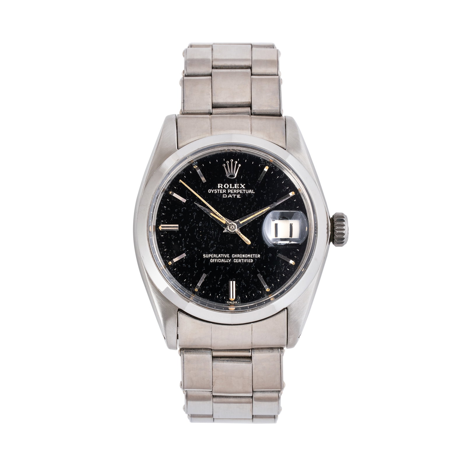 ROLEX - OYSTER PERPETUAL DATE¶AUTOMATIC WINDING WATCH WITH BLACK GILT DIAL AND THREE-HOUR DATE (1 of 4)