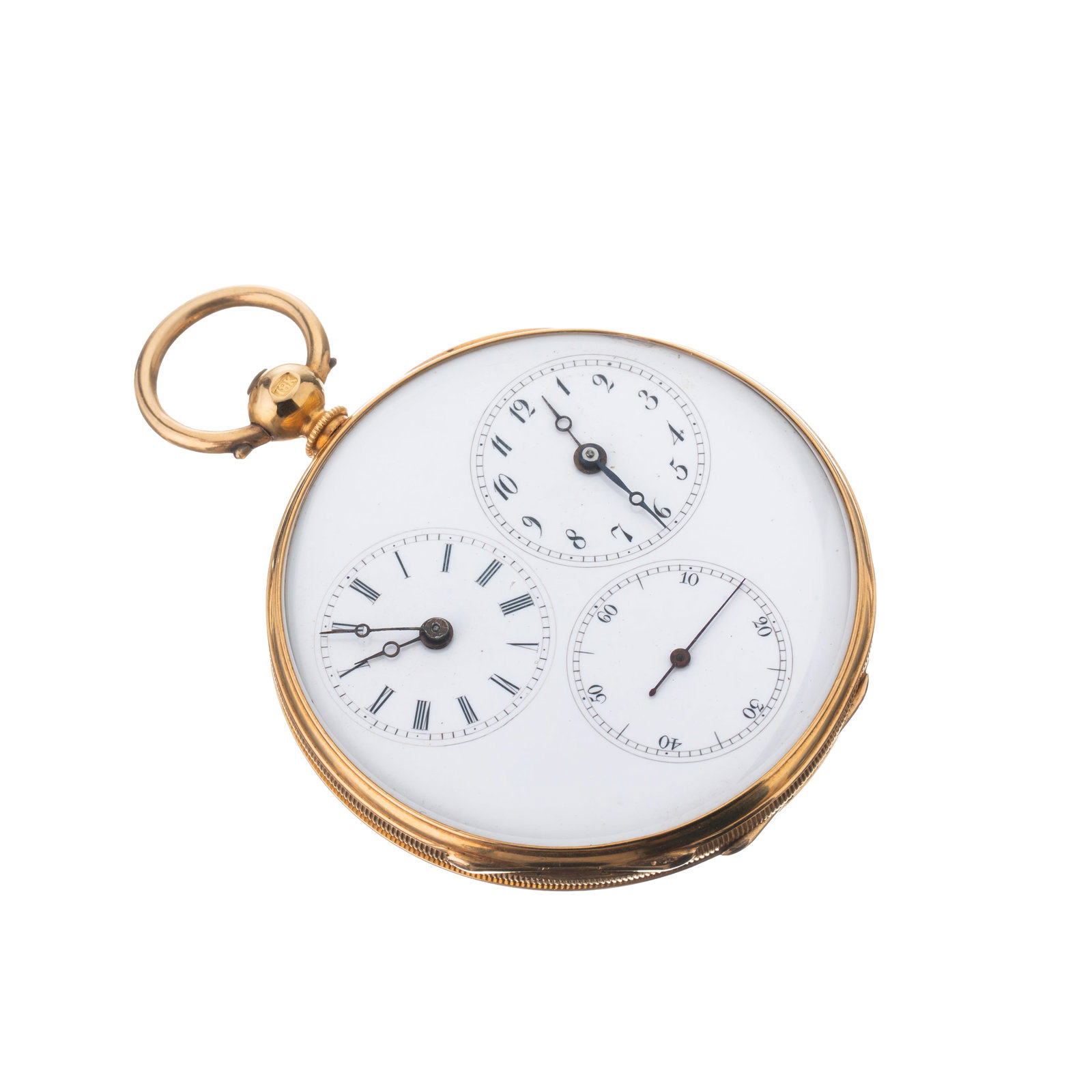COURVOISIER ¶18K YELLOW GOLD DUAL-TIME KEY-WIND POCKET WATCH WITH PORCELAIN DIAL: Brand: Courvoisier Year: 1800s Dial: Porcelain Case No.: 59XXX Movement: Key-wind Material: 18K yellow gold Size: 45 mm Notes: Dual-time key-wind pocket watch in 18K yellow gold with porcelain dial. B