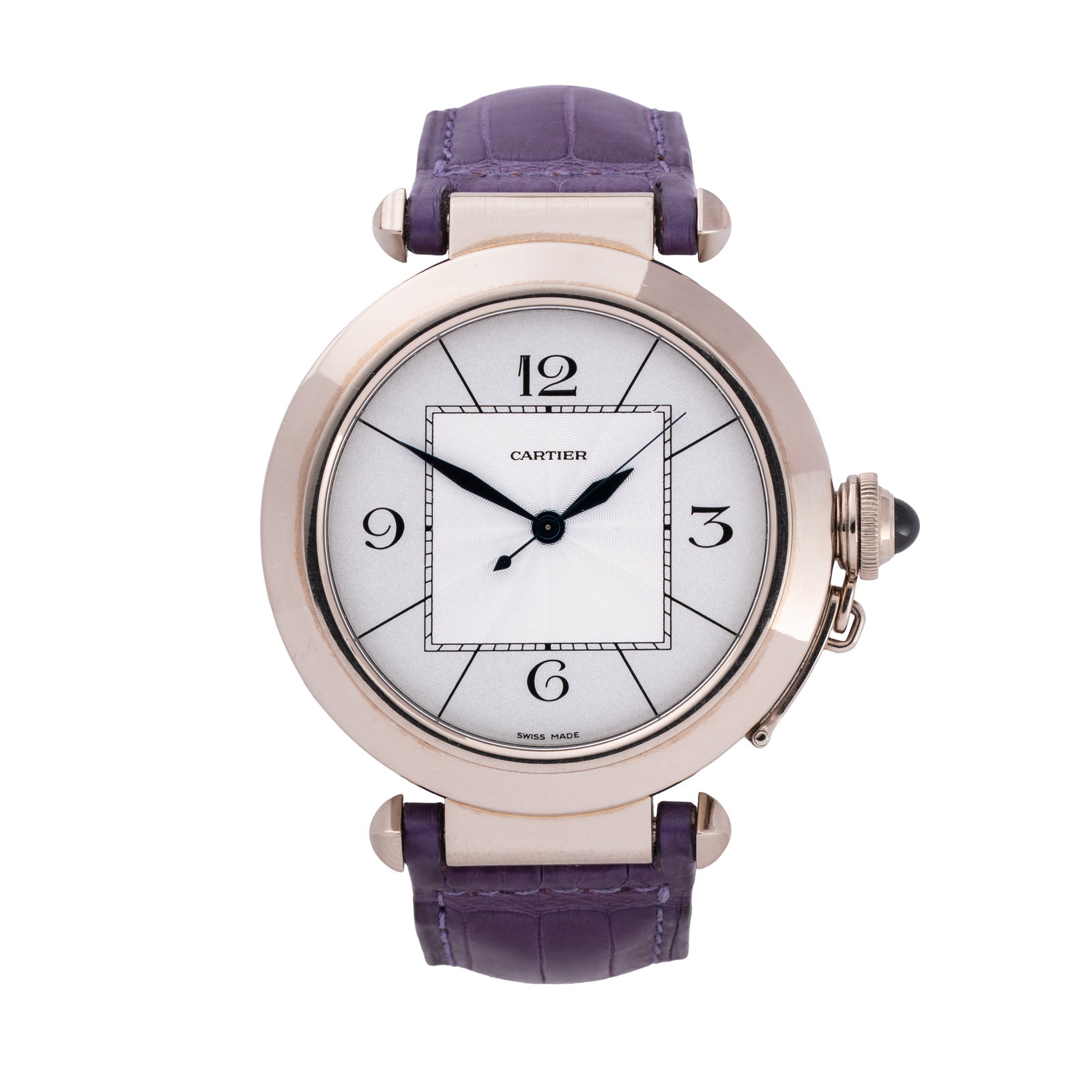 CARTIER - PASHA AUTOMATIC WINDING TIME-ONLY WATCH IN 18KT WHITE GOLD WITH A GUILLOCHÉ DIAL AND A: Brand: Cartier Model: Pasha Year: 2000 Reference: 2727 Dial: Guilloché Case No.: 98XXXCE Movement: Self-winding Calibre: 8000MC Material: 18kt white gold Strap: Leather Size: 42 mm Accessories: 18kt 