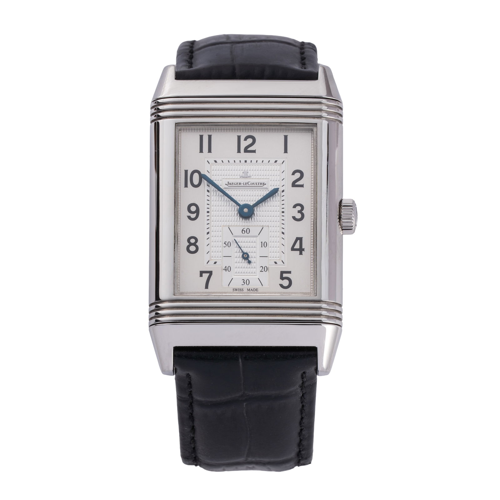 JAEGER LECOULTRE – GRANDE REVERSO 976 AUTOMATIC STAINLESS STEEL TIME-ONLY WRISTWATCH WITH: Brand: Jaeger-LeCoultre Model: Grande Reverso 976 Year: 2014 Reference: 273.8.04 Dial: Silvered Case No.: 2893XXX Movement: Manual winding Caliber: Jaeger-LeCoultre 976 Material: Stainless steel Brace