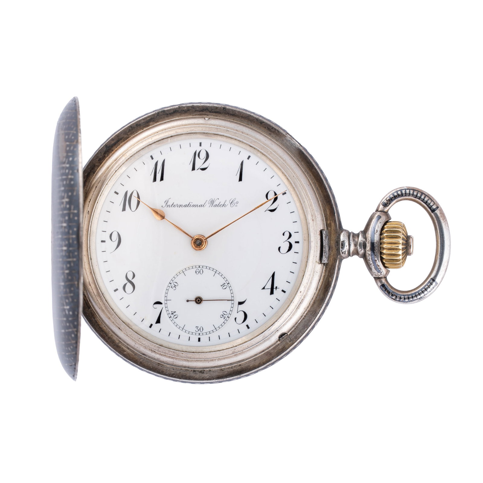 IWC HAND-WOUND POCKET WATCH IN SILVER PRODUCED FOR THE GERMAN MARKET WITH A PORCELAIN DIAL SMALL: Brand: IWC Year: 1900s Dial: Porcelain Case No.: 468XXX Movement: Manual winding Material: Silver Size: 53 mm Notes: Hand-wound pocket watch in silver with decorated case and engraved initials. Porcel