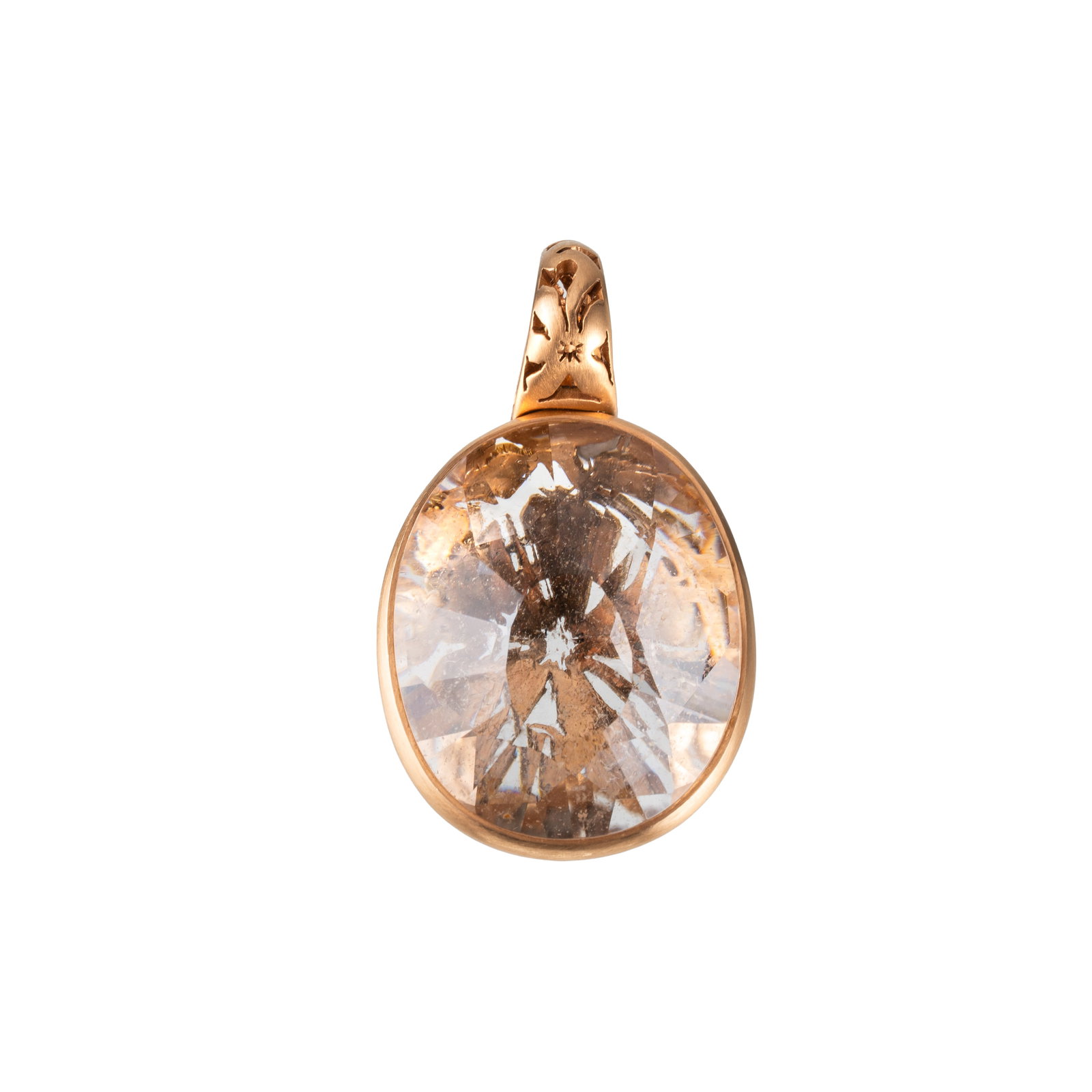 18-CARAT GOLD PENDANT WITH ROCK CRYSTAL 'ARABESQUE' DESIGN: Satin-finished 18-carat rose gold pendant by Pomellato 'Arabesque' model with a faceted rock crystal. Dimensions: 35.00 x 22.50 mm; weight: 12.30 g.