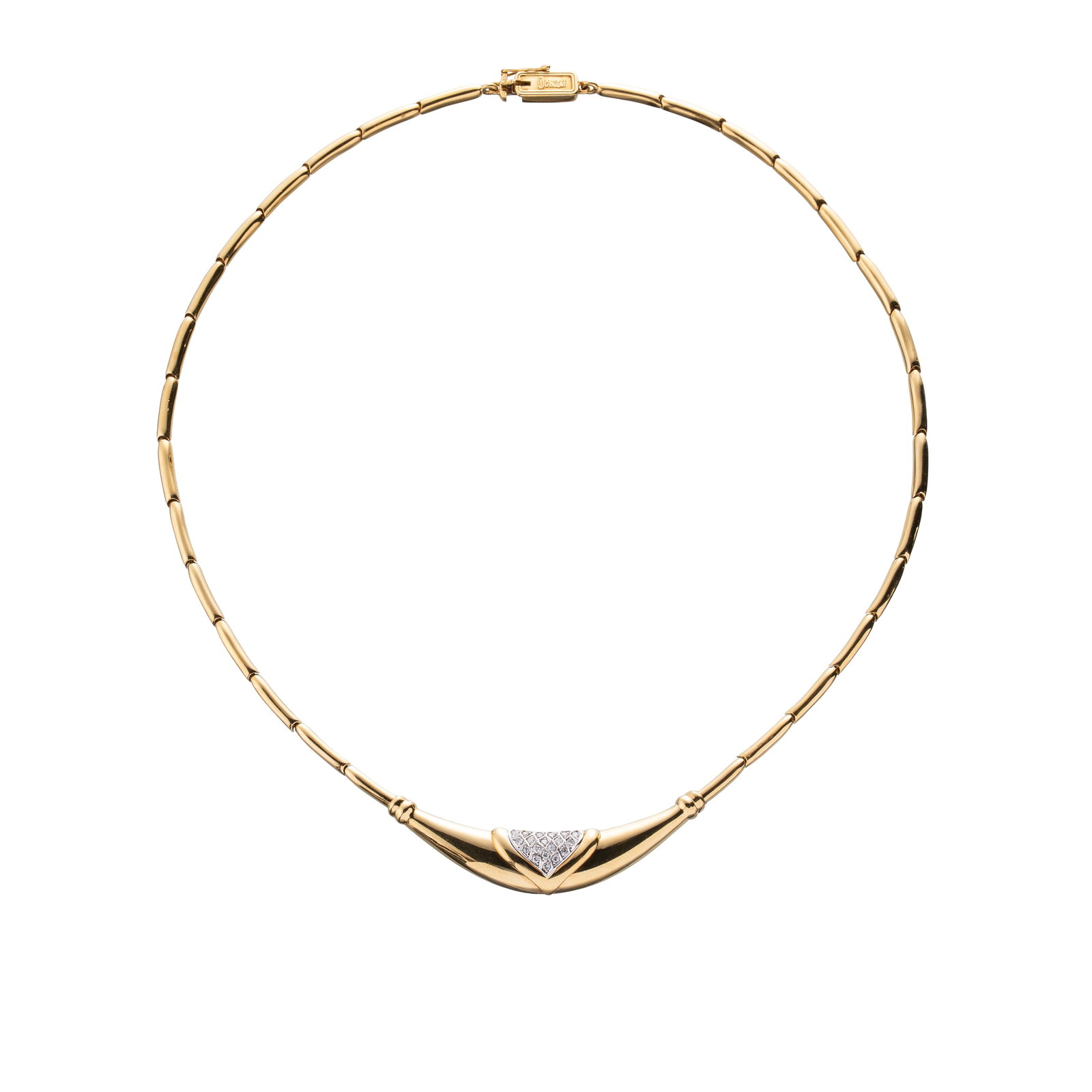 DAMIANI - 18 KT YELLOW GOLD NECKLACE WITH PAVÉ DIAMONDS: An 18-carat yellow gold Damiani choker set with a pavé of brilliant-cut diamonds estimated at approximately 0.20 carats. Total length 45 cm total weight 27.40 g.