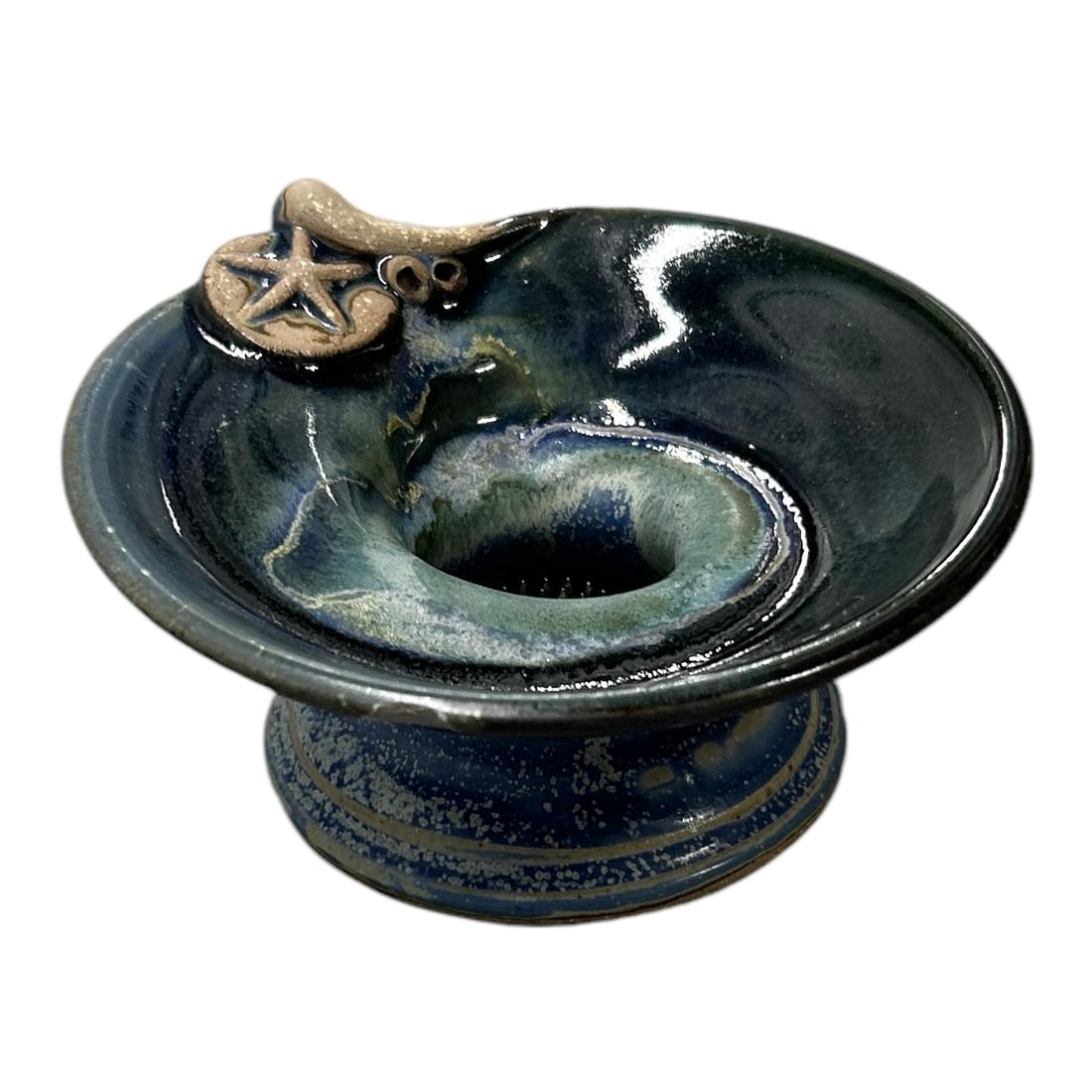 Signed Colby Clayworks Dark Green and Blue Flower Frog Pottery with Starfish (1 of 4)