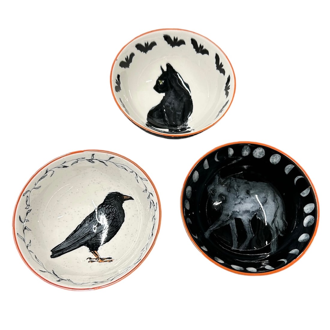 3 Prima Design Halloween Decorative Bowls with a Raven a Black Cat and a Wolf: 3 Prima Design Halloween Decorative Bowls with a Raven a Black Cat and a Wolf - Glare is from lighting. Size: 3" H x 5" W x 5" D