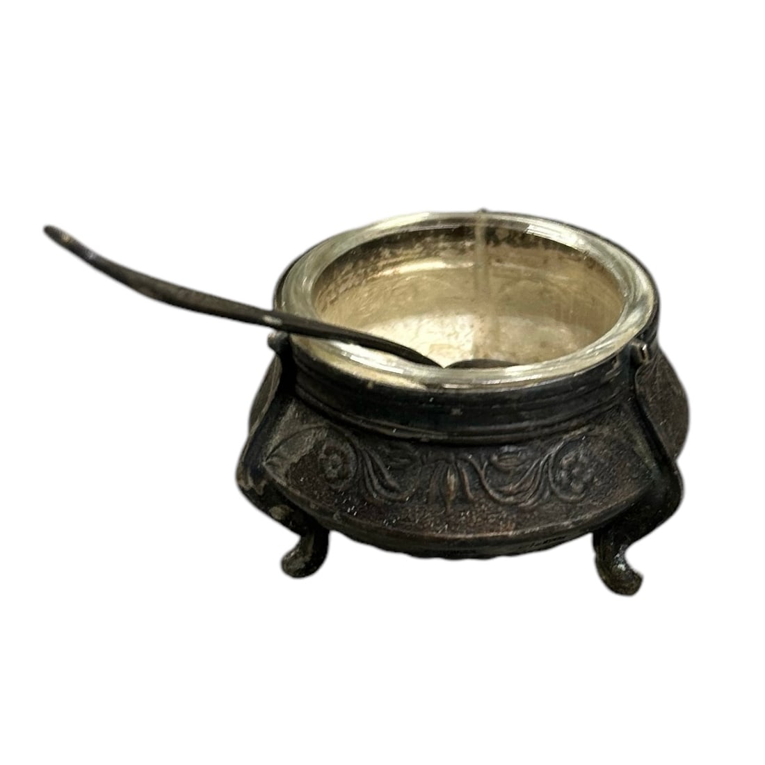 Vintage Russian Ommet Silver Ornate Salt Cellar With Spoon Glass Holder 2 (1 of 4)