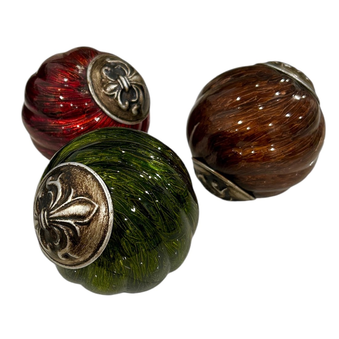 Decorative Fleur de Lis Green Red and Brown Metal Orb Balls (1 of 7)