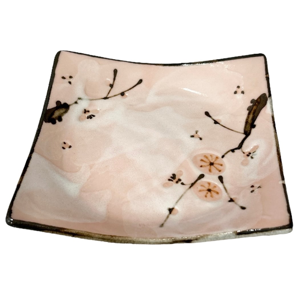 Five Vintage Sousaku Cherry Blossom Square Pink and Brown Ceramic Glazed Plates (1 of 6)