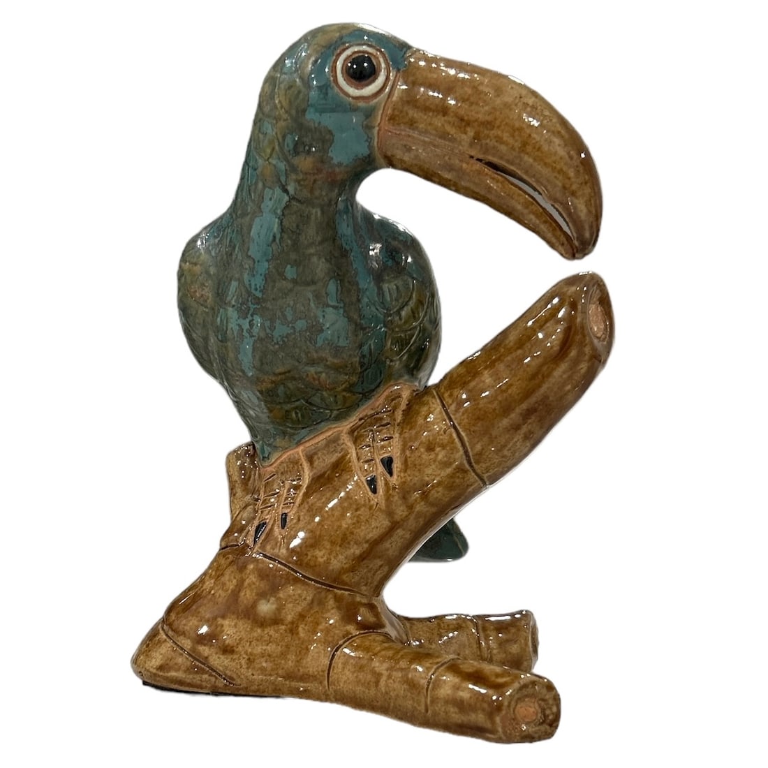 Vintage Teal and Brown Glazed Ceramic Toucan on a Branch Figurine (1 of 7)