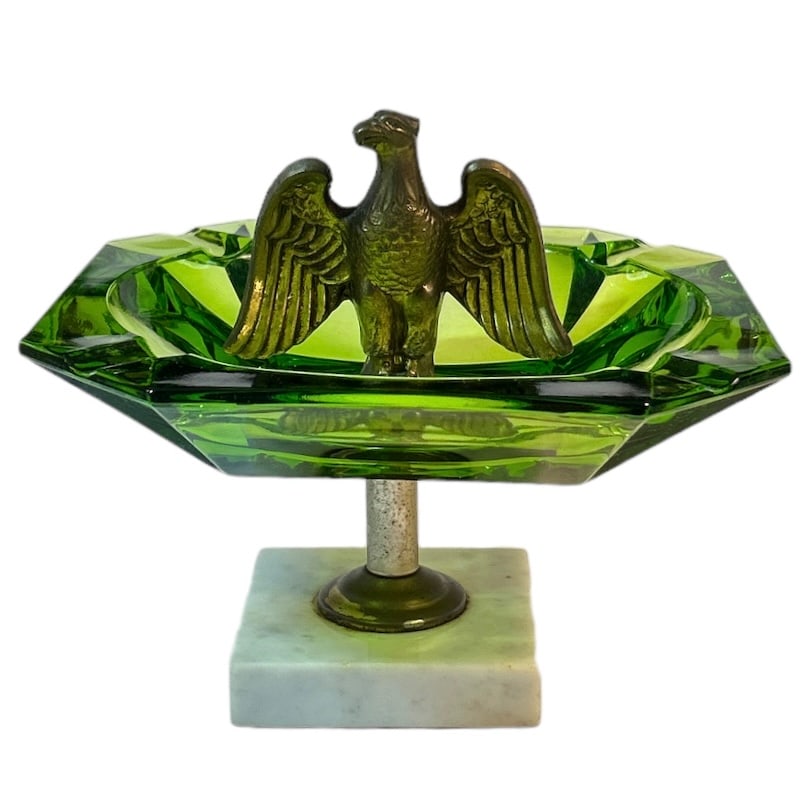 Heavy Green Mid Century Modern Glass Cut Brass Eagle Ashtray on Marble Stand (1 of 7)