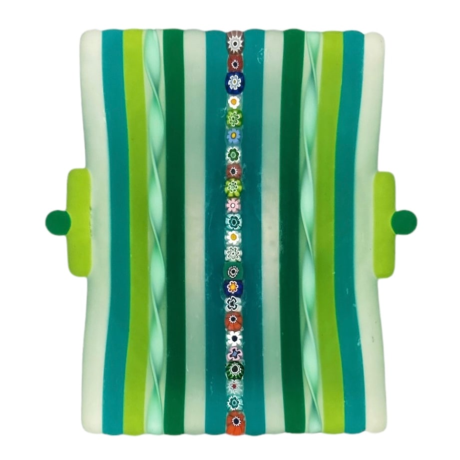 Green Colored Striped and Flower Beaded Fused Glass Decorative Dish: Add a touch of nature to your home décor with this beautiful green-colored striped and flower-beaded fused glass decorative dish. The intricate pattern and matte finish of this rectangular plate make