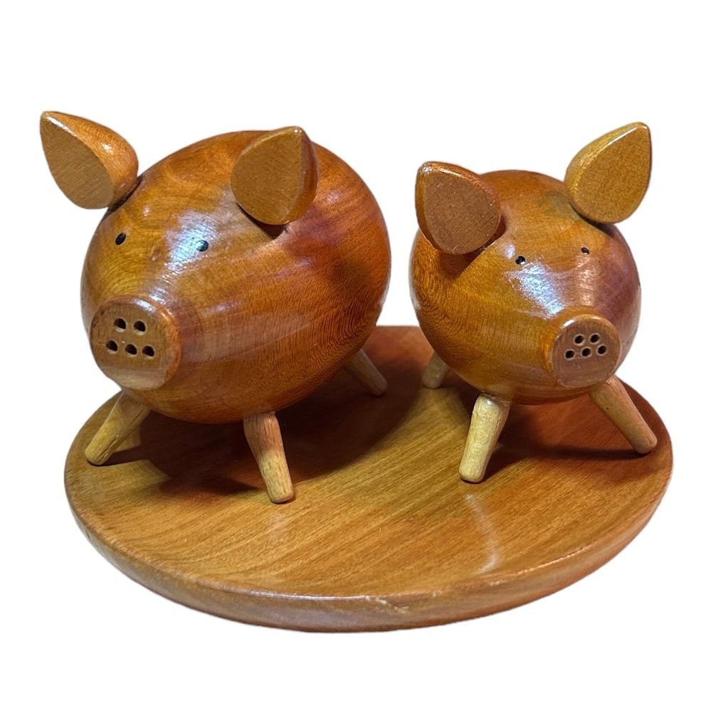 Vintage Handcrafted Brown Wooden Pig Salt & Pepper Shakers with Tray Holder (1 of 7)