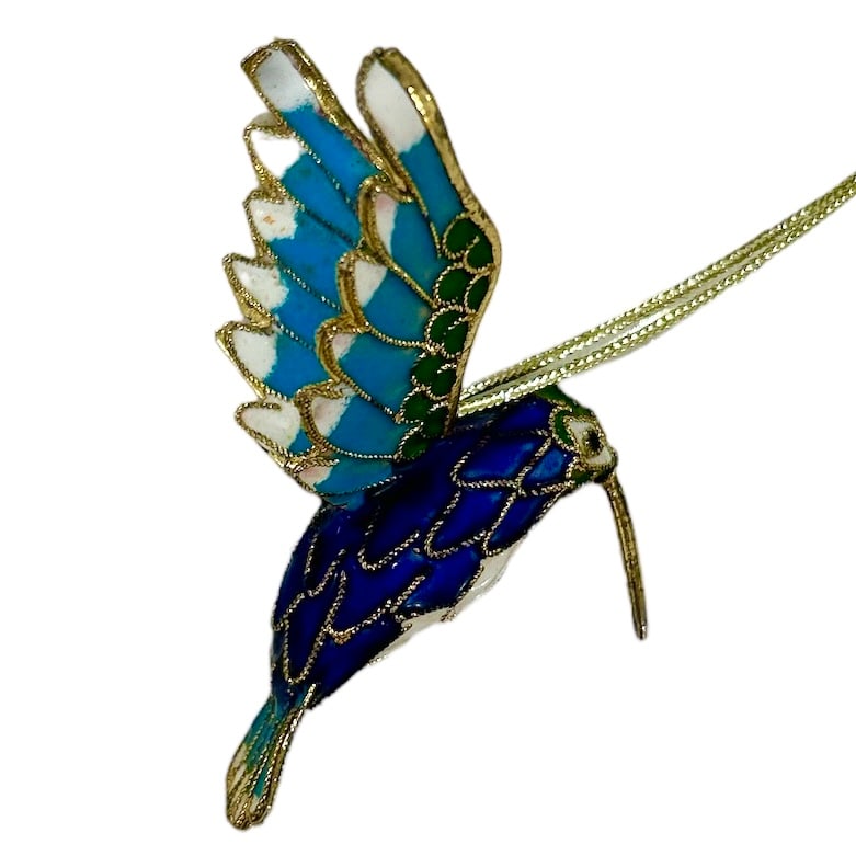 Vintage Blue Bodied Cloisonne 22k Gilded Hummingbird Ornament (1 of 5)