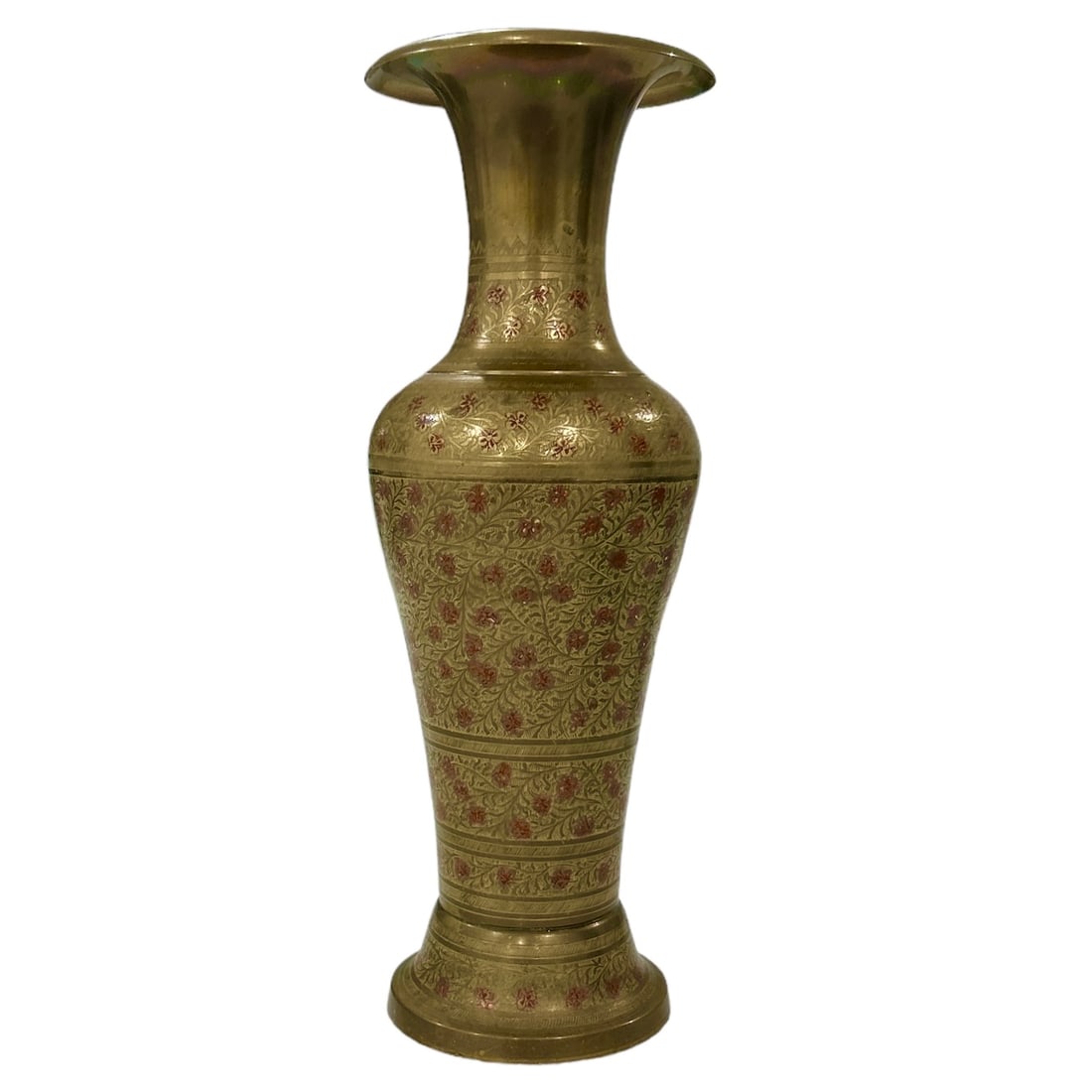 Brass Decorative Vase Etched with Red Flowers: This vintage brass decorative vase is a beautiful addition to any collection. The intricate etching of red flowers adds a touch of elegance to this piece. Crafted in India, this handmade vase is made