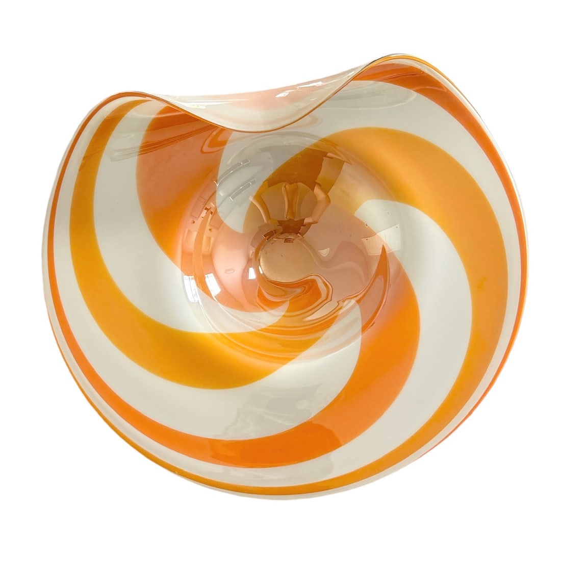 Large Hand Blown Orange and White Swirled Decorative Dish with Folded Lip (1 of 6)