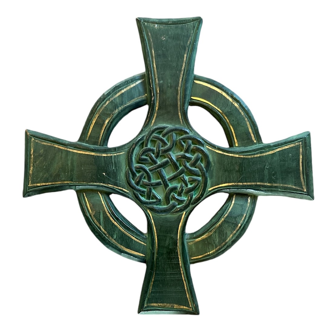 Large Hand Carved Hand Painted Green and Gold Wooden Celtic Wall Cross (1 of 4)