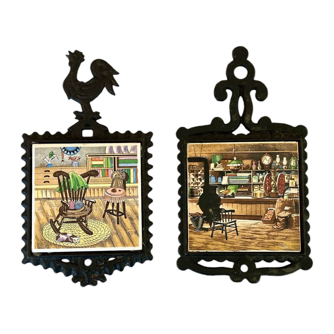 2 Vintage Enesco Black Iron And Ceramic Tile Trivets Or Wall Plaques: This set of 2 Vintage Enesco Black Iron and Ceramic Tile Trivets is a charming addition to any kitchen or dining space. Each trivet features a sturdy black iron frame that provides both durability and
