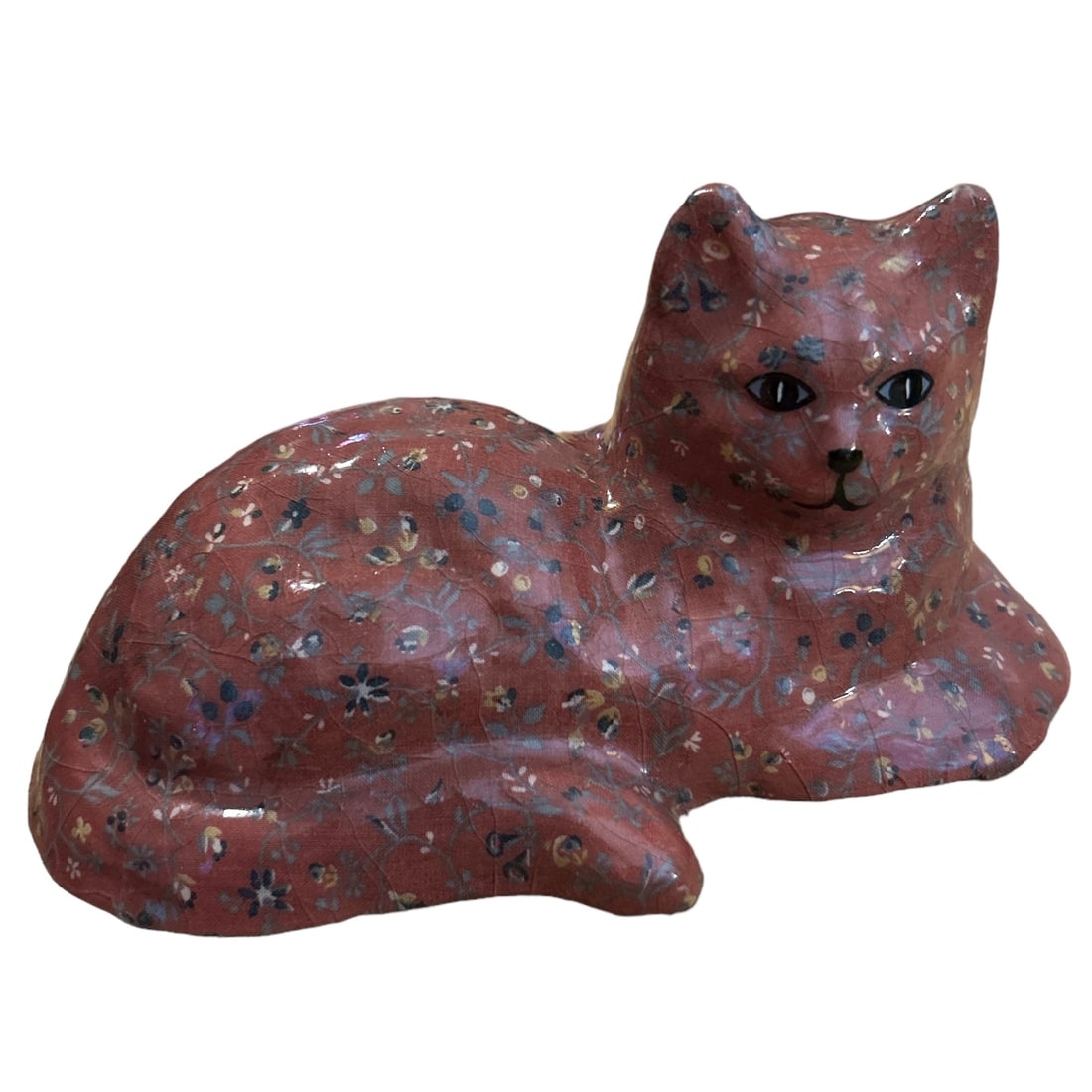 Vintage Decoupage Ceramic Cat Figurine Mauve & Floral Print (1 of 5)