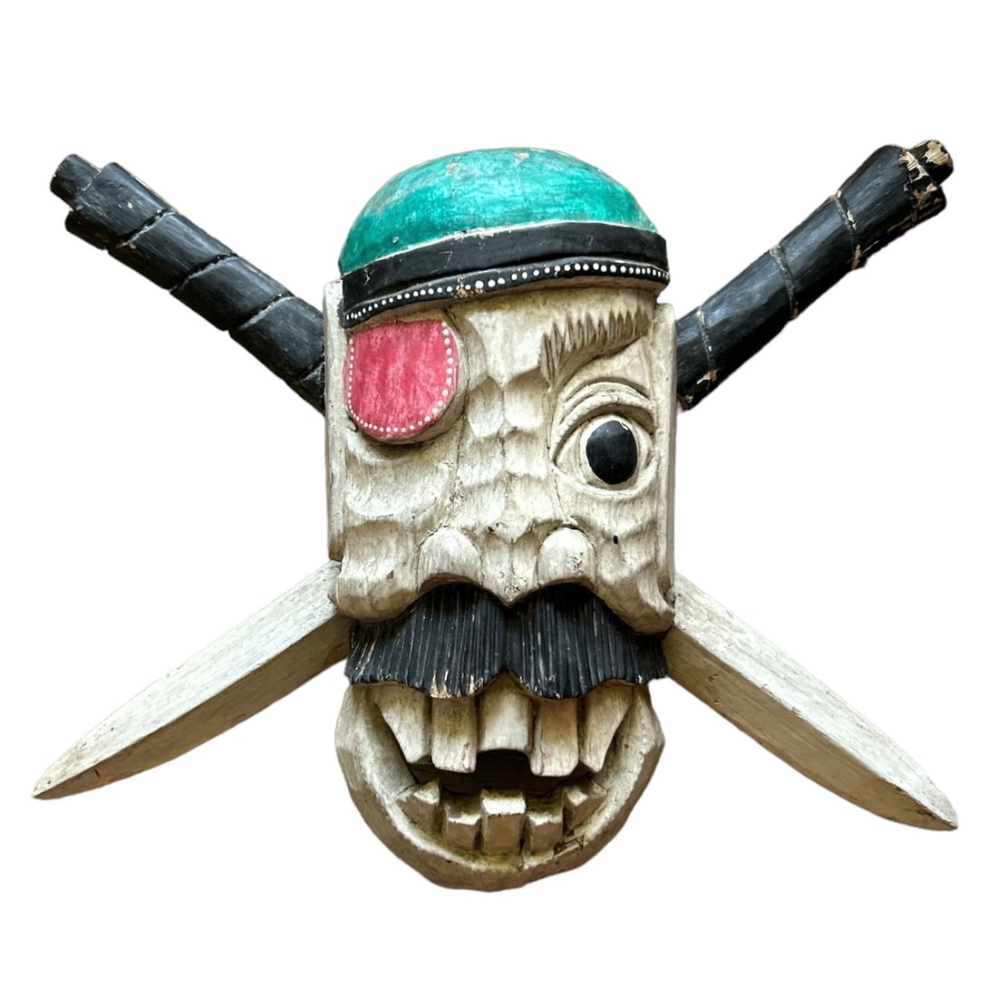 Rare Pirate Skull with Swords Hand Wood Carved Wall Hanging: This unique wall hanging features a rare pirate skull with swords hand wood carved. The intricate details of the skull and swords make it a perfect addition to any collection of collectibles. The piec