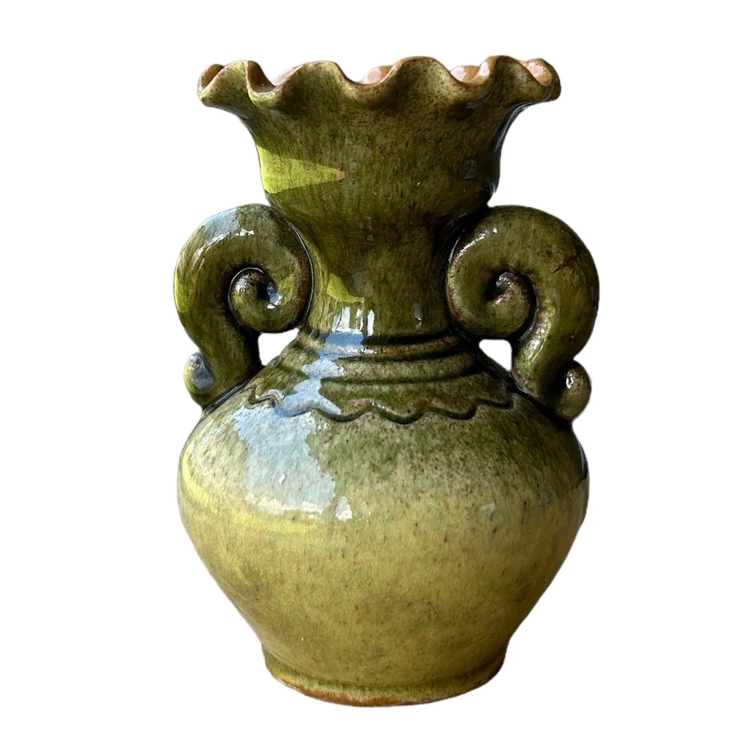 Vintage Hand Crafted Green and Brown Fluted Ceramic Handled Jug: This vintage ceramic jug features a unique green and brown fluted design with intricate hand-crafted details. The small size makes it a perfect addition to any dinnerware or serveware collection, and