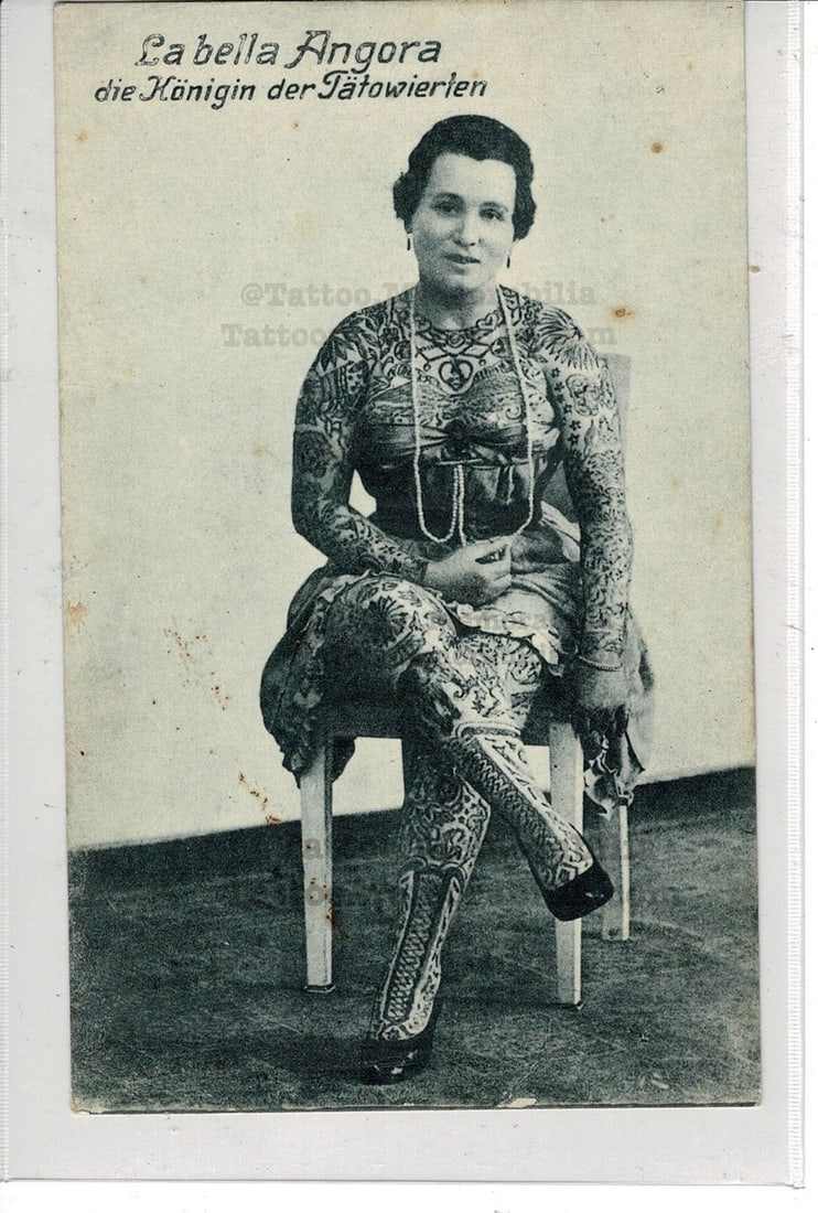 La Bella Angora "Most Artistic Tattooed Lady of the World- Antique Pitchcard (1 of 2)