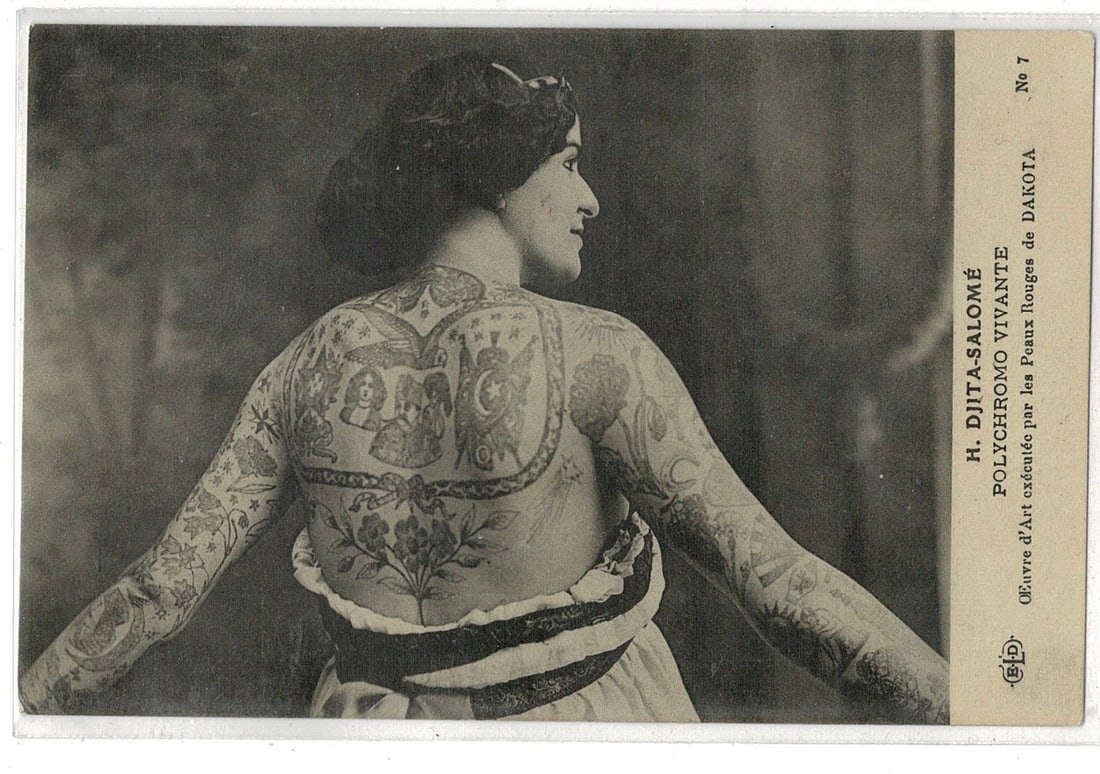 Djita Salomé – Tattooed Lady-Rare Antique Postcard ca.1905 RPPC (1 of 2)