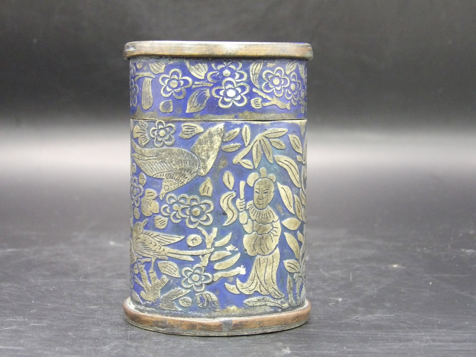 Antique Chinese Enamel Metal Lidded Container: Signed Yuxing in Chinese on the bottom. Woman, man, birds and flowers all around the container. There is enamel loss near the man image.