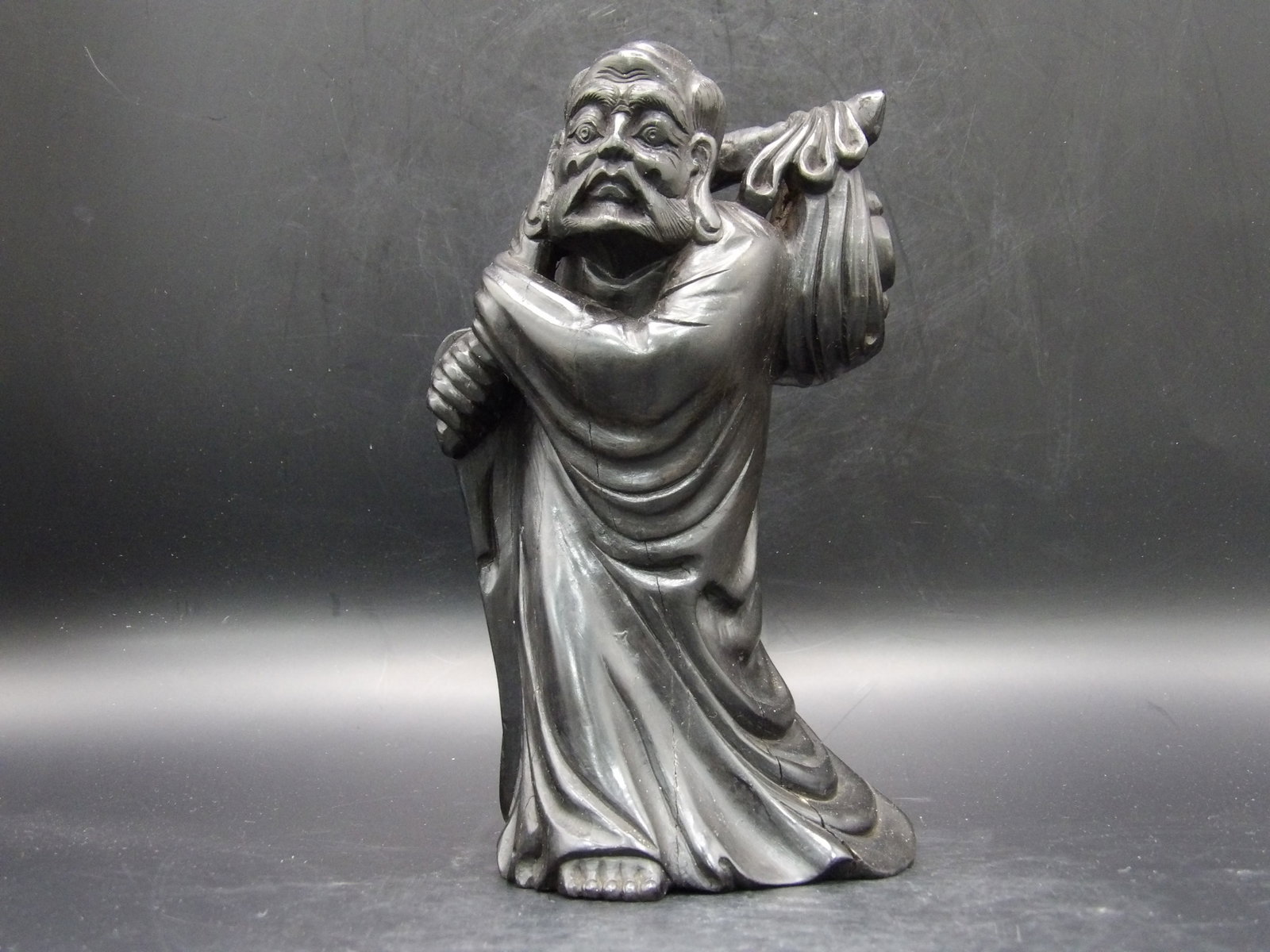 Late Qing Chinese Agarwood Standing Arhat Statue: 7 inches height.Natural old wood crack lines.