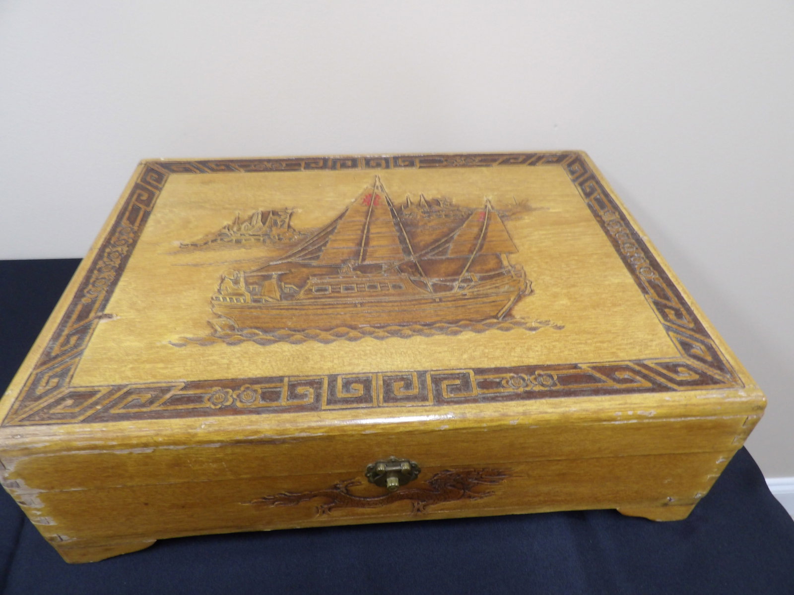 Antique Chinese Large Carved Dragon Boat Storage Box: Size is 19.8 x 14.6 x 6.2 inches. Small natural wood crack lines. Good antique condition.