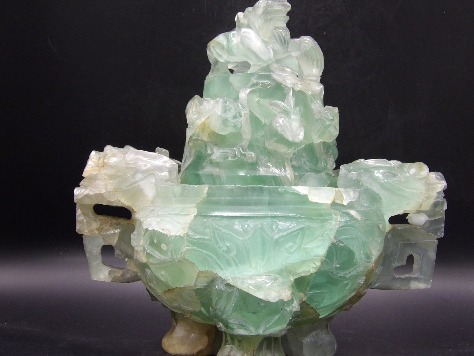 Very Impressive 9.7 Lbs Green Fluorite Large Beast Incense Burner: 8.5 inches height. Intricate carving on the lid. Minor chips are hard to detect due to stone's natural structure. Very heavy 9.7 lbs.