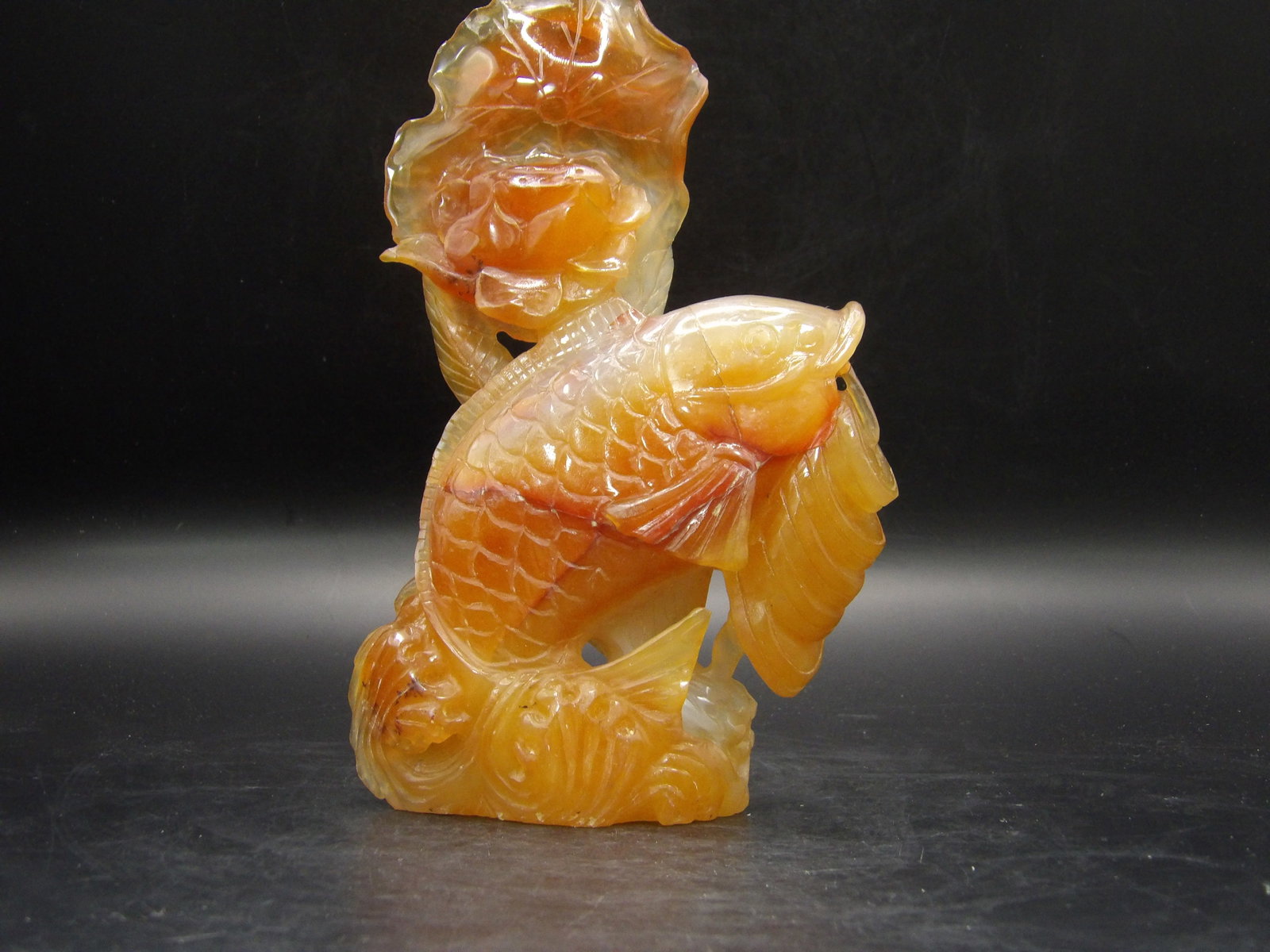 Chinese Carnelian Fish Coins Lotus Flower Carving: Approx. 7 inches height. 508 grams.