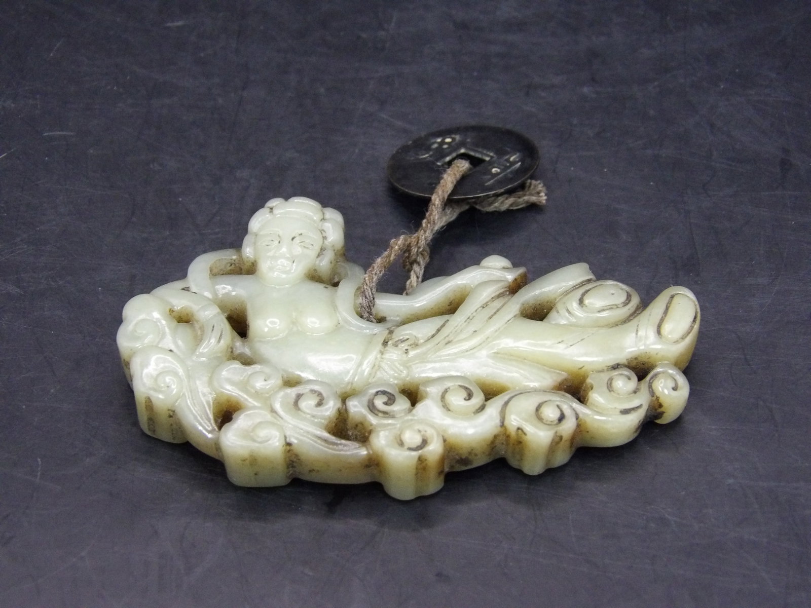 Chinese Nephrite Jade Flying Fairy Carving: Come with a coin. 3 inches length. 60 grams.