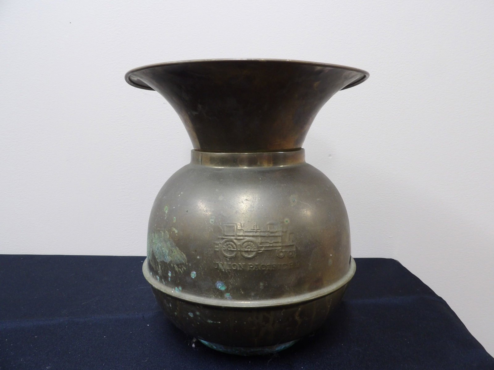 Antique Brass Spittoon Double Sided Railroad Logos: Union Pacific R.R. Railroad logos.