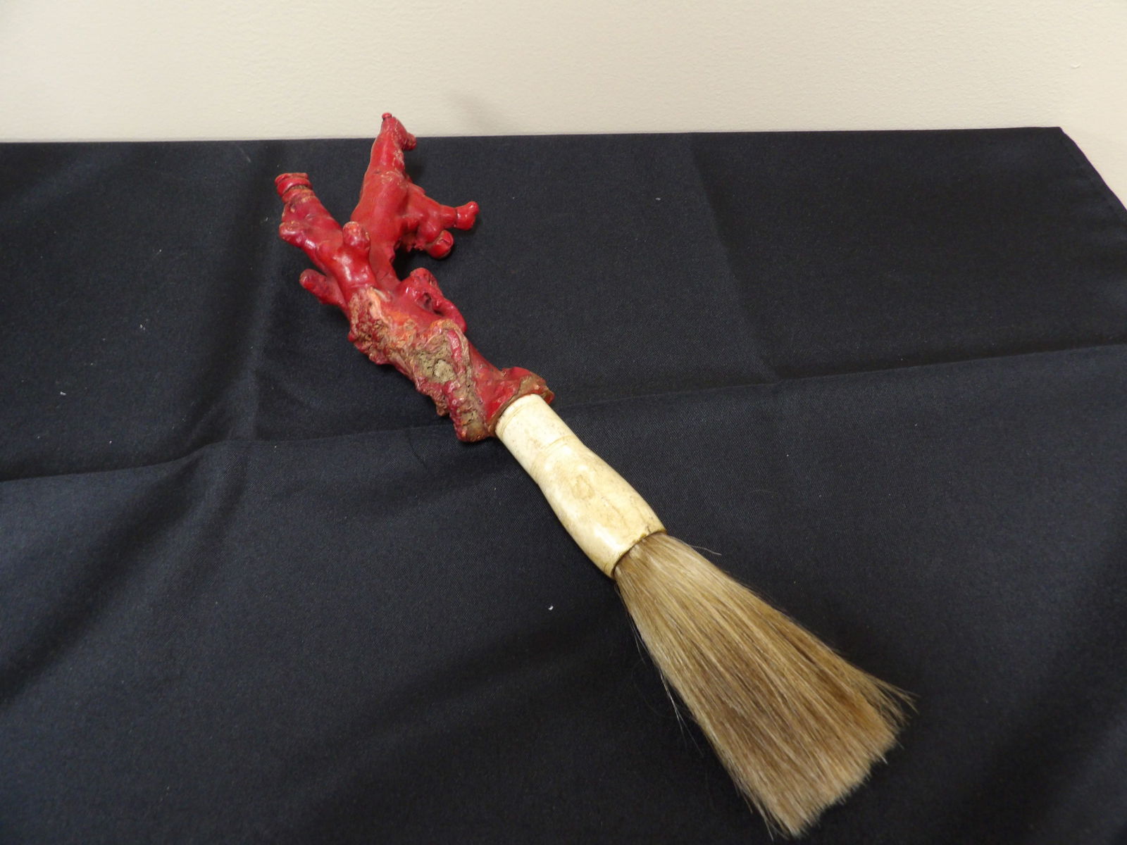 Qing Dynasty Antique Chinese Red Coral Handle Brush: 12.5 inches long. Prominent collector southeastern USA.