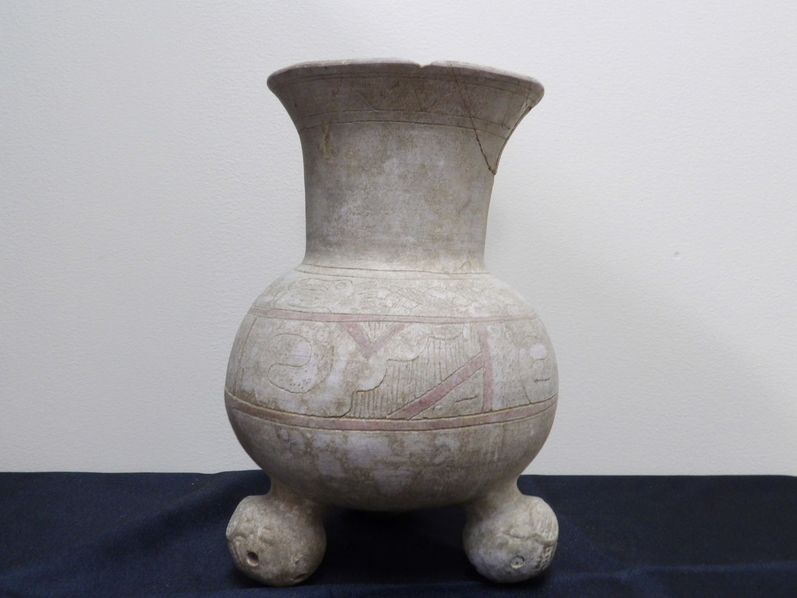 Very Old Hand Painted Pottery 3 Footed Jar Probably Chinese Han Dynasty: Size 7 x 7 x 10 inches. Old repairs and chips on jar opening area.